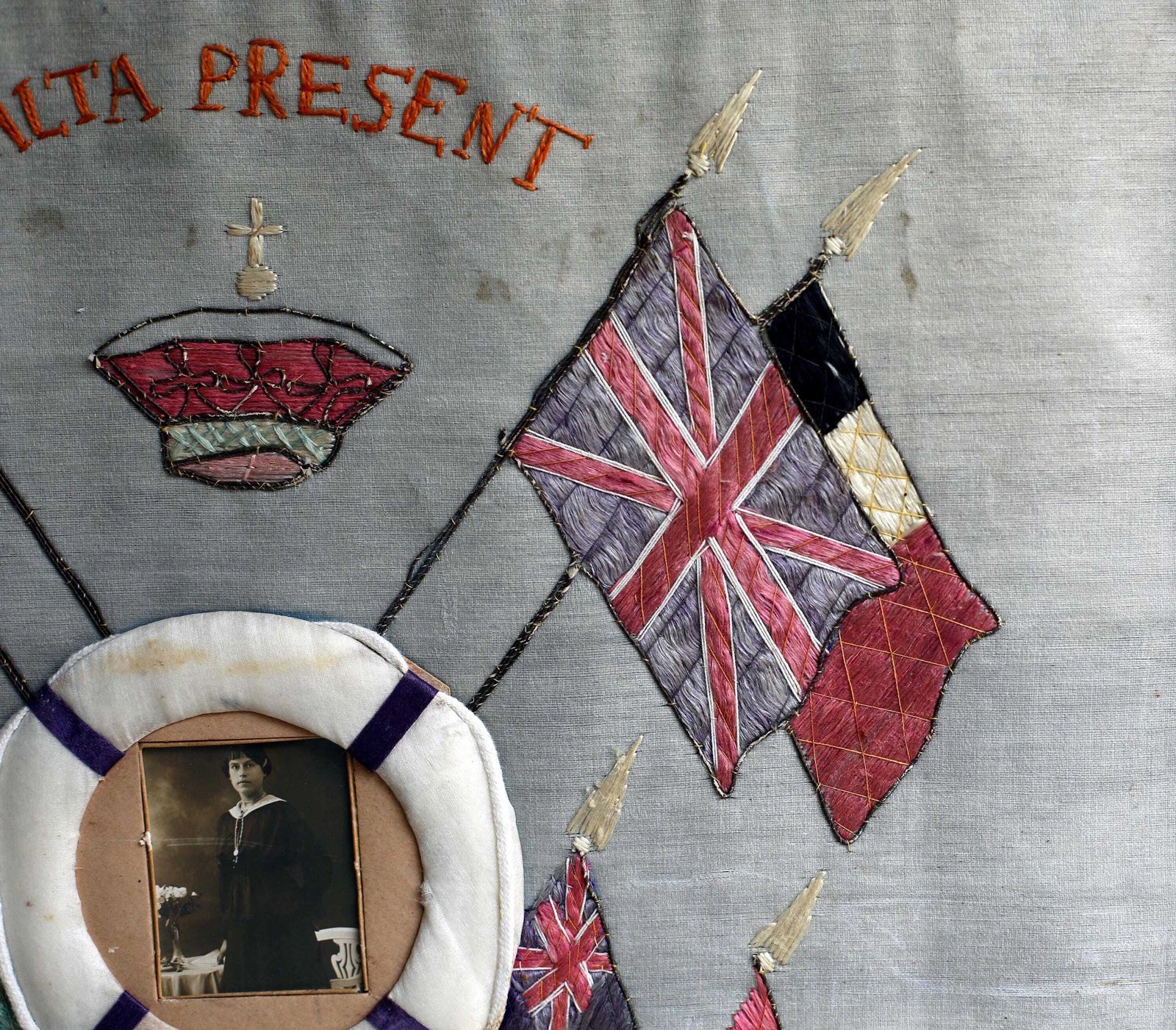 Antique Wwi Malta Souvenir Embroidery Picture Framed Art World War 1 photo vinterior
