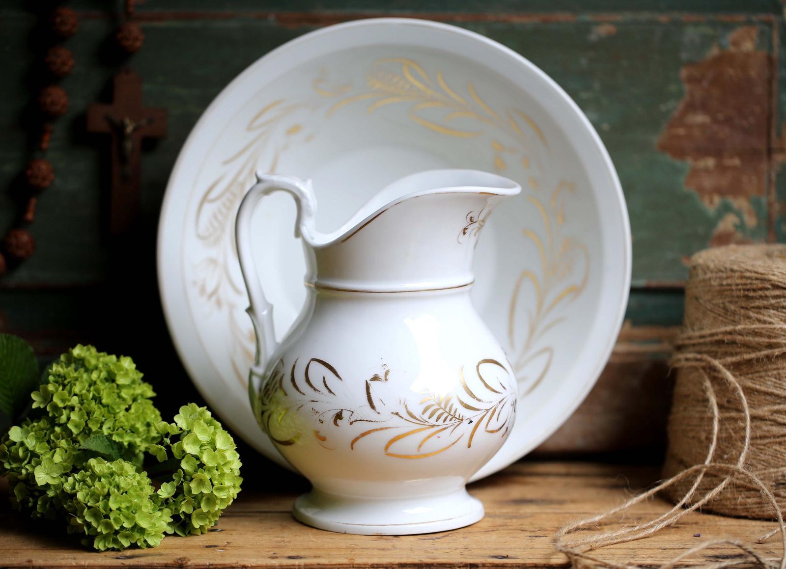 Antique French Jug & Wash Bowl Set White Water Pitcher With Swan Handle photo for sale