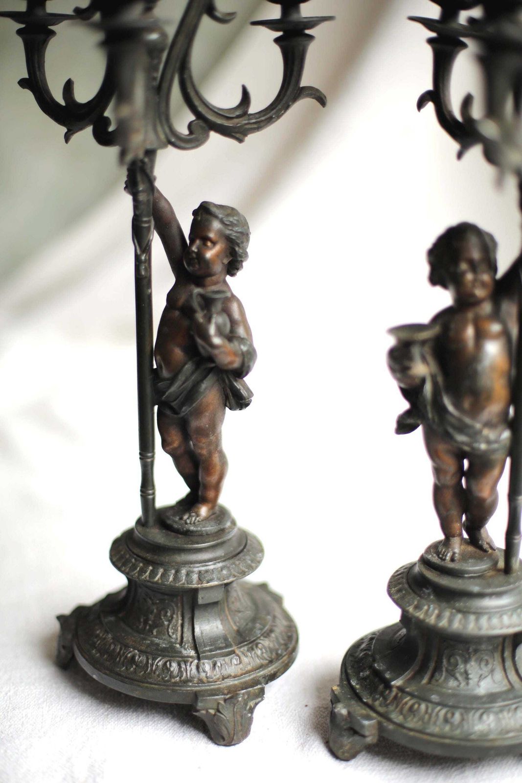 Pair Of French Candelabra With Cherubs Antique Rococo Bronzed Spelter Candle Holders photo vinterior