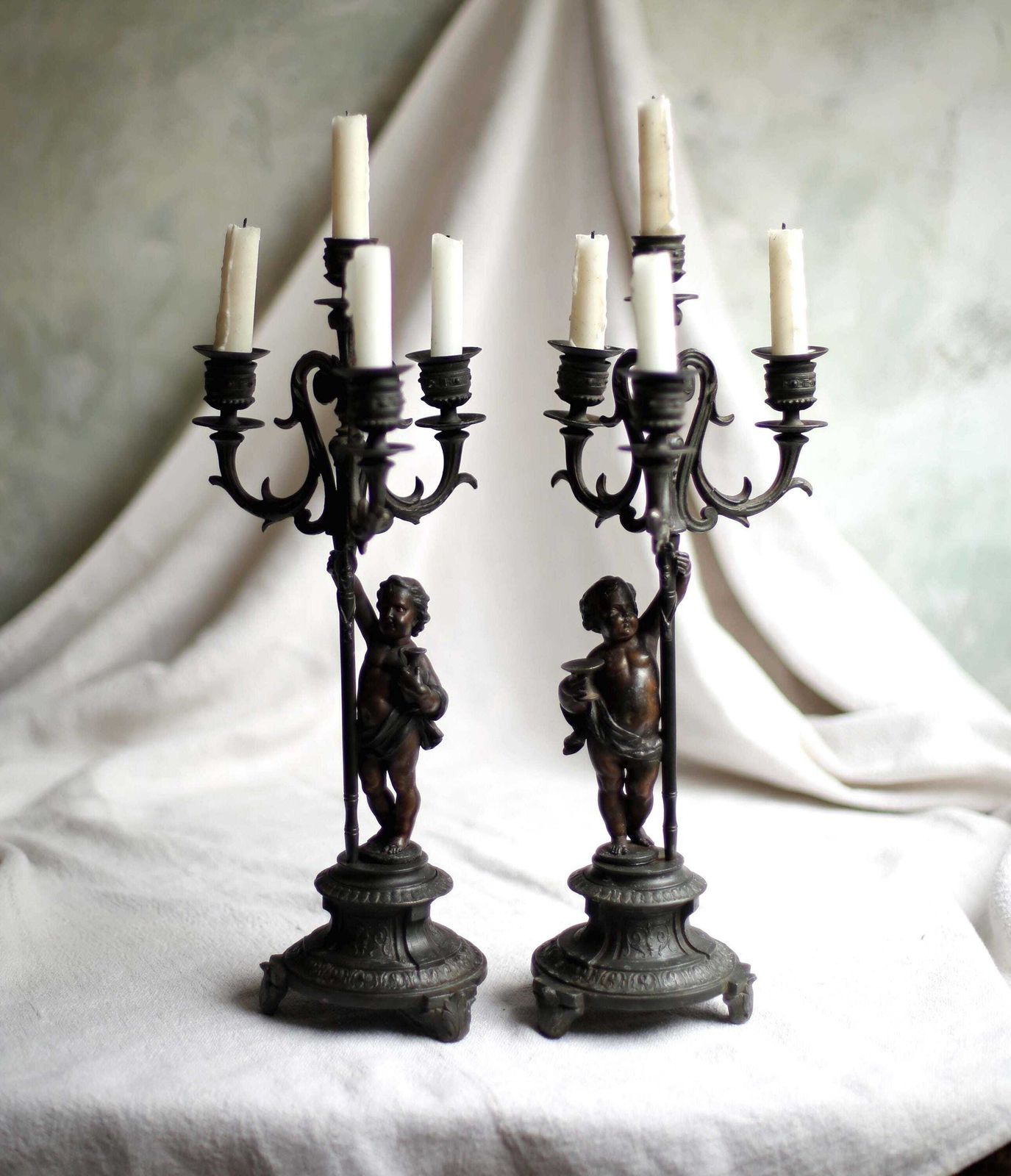 photo furniture Pair Of French Candelabra With Cherubs Antique Rococo Bronzed Spelter Candle Holders