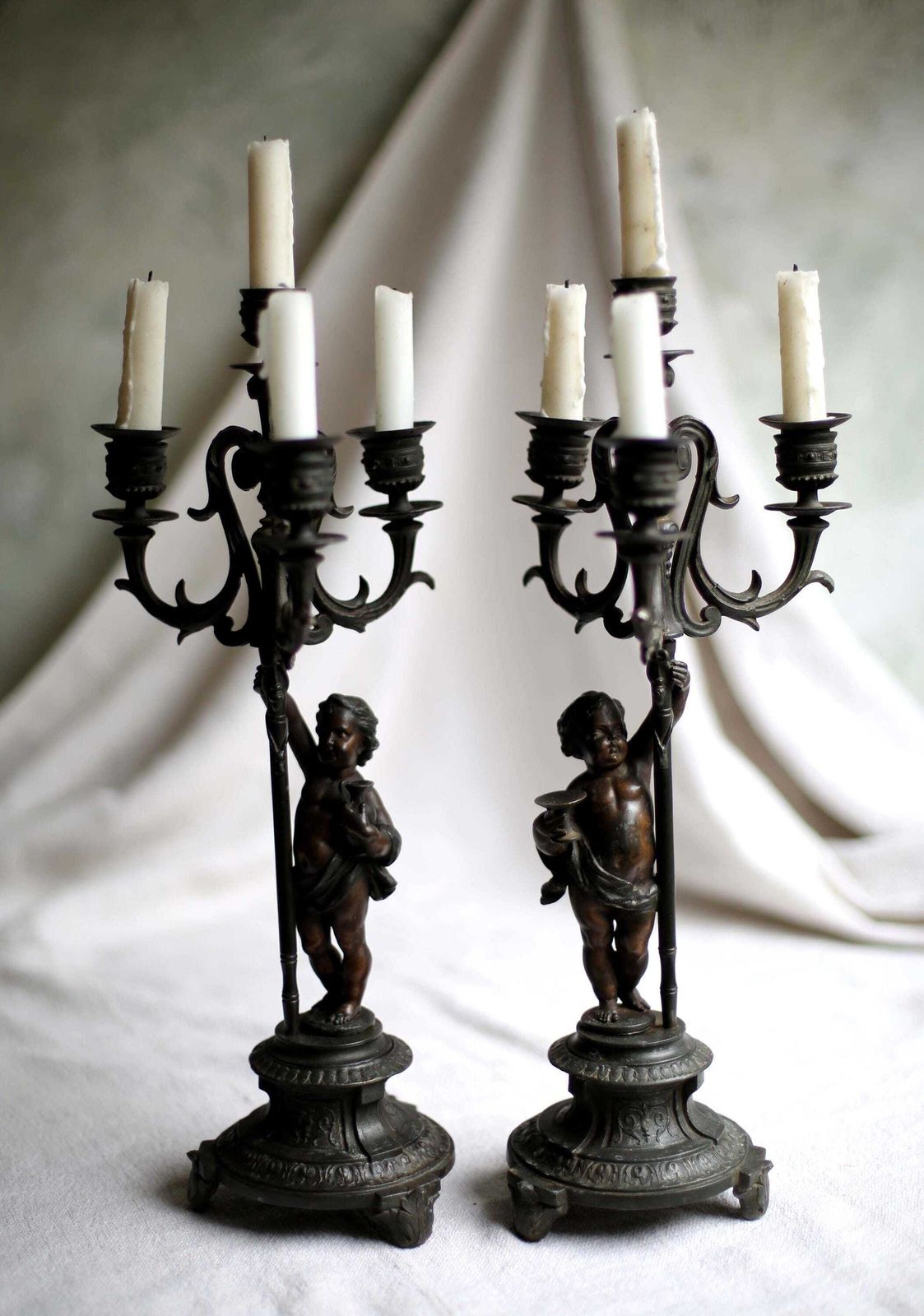 photo for sale Pair Of French Candelabra With Cherubs Antique Rococo Bronzed Spelter Candle Holders