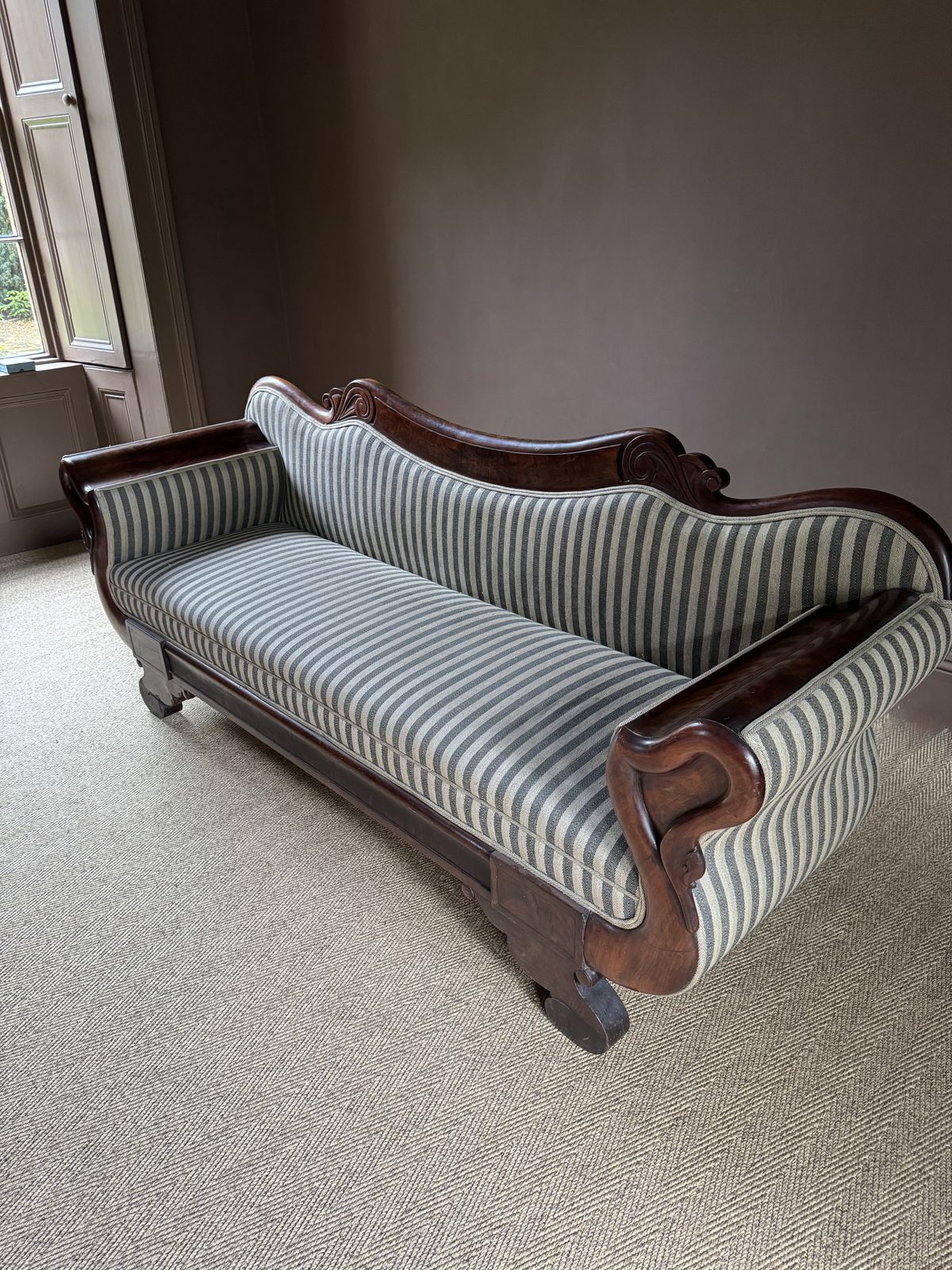 Antique French Charles X Mahogany Sofa With Swan Neck Arms Circa 1820 photo for sale