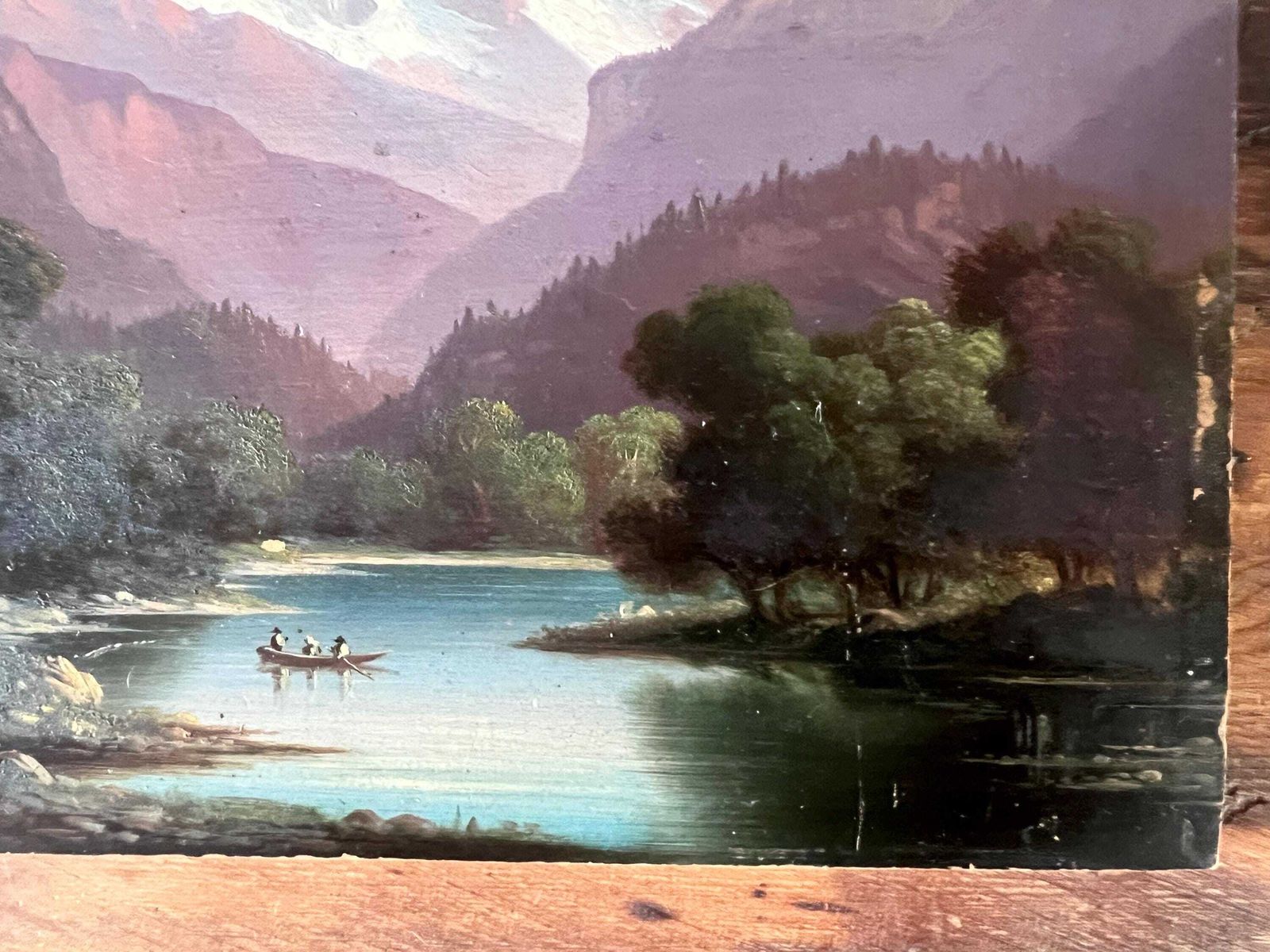 Pair Of Antique Swiss Landscape Oil Paintings On Wood Panel, 19th Century Grand Tour Alpine Art, Interlaken, Lake Thun & Jungfrau, Unframed photo furniture
