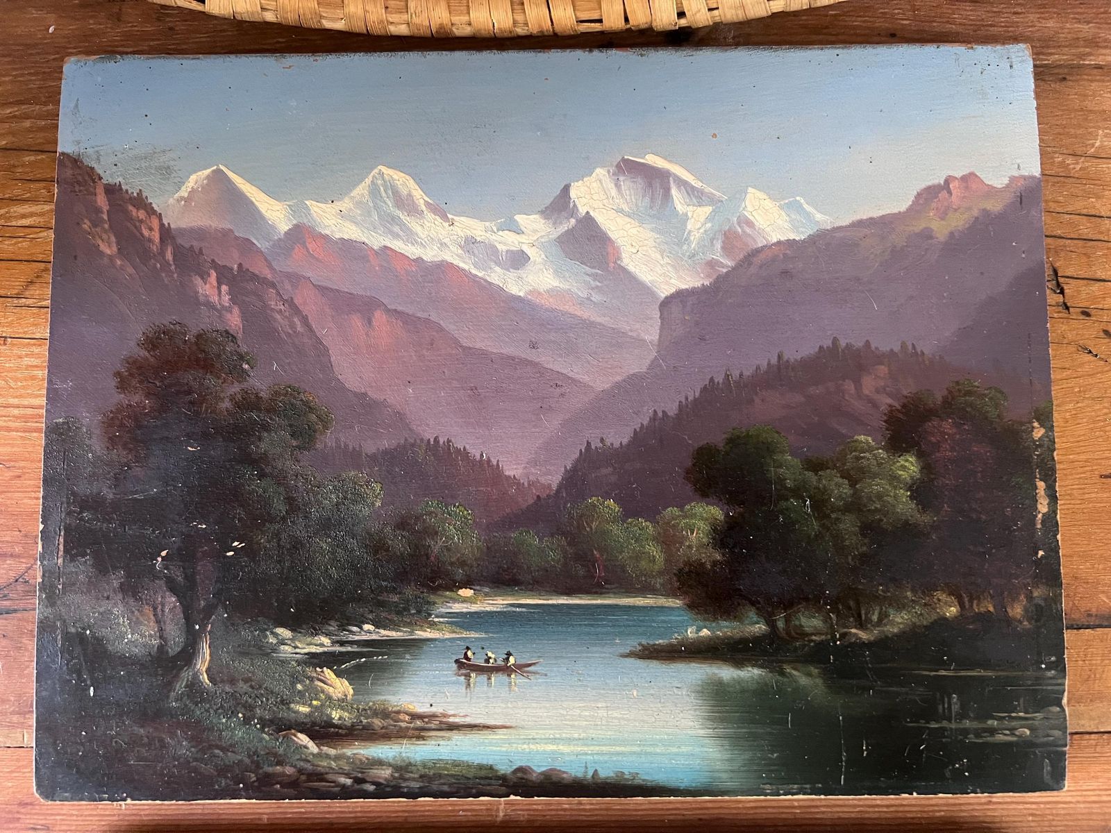 195.0 Pair Of Antique Swiss Landscape Oil Paintings On Wood Panel, 19th Century Grand Tour Alpine Art, Interlaken, Lake Thun & Jungfrau, Unframed photo