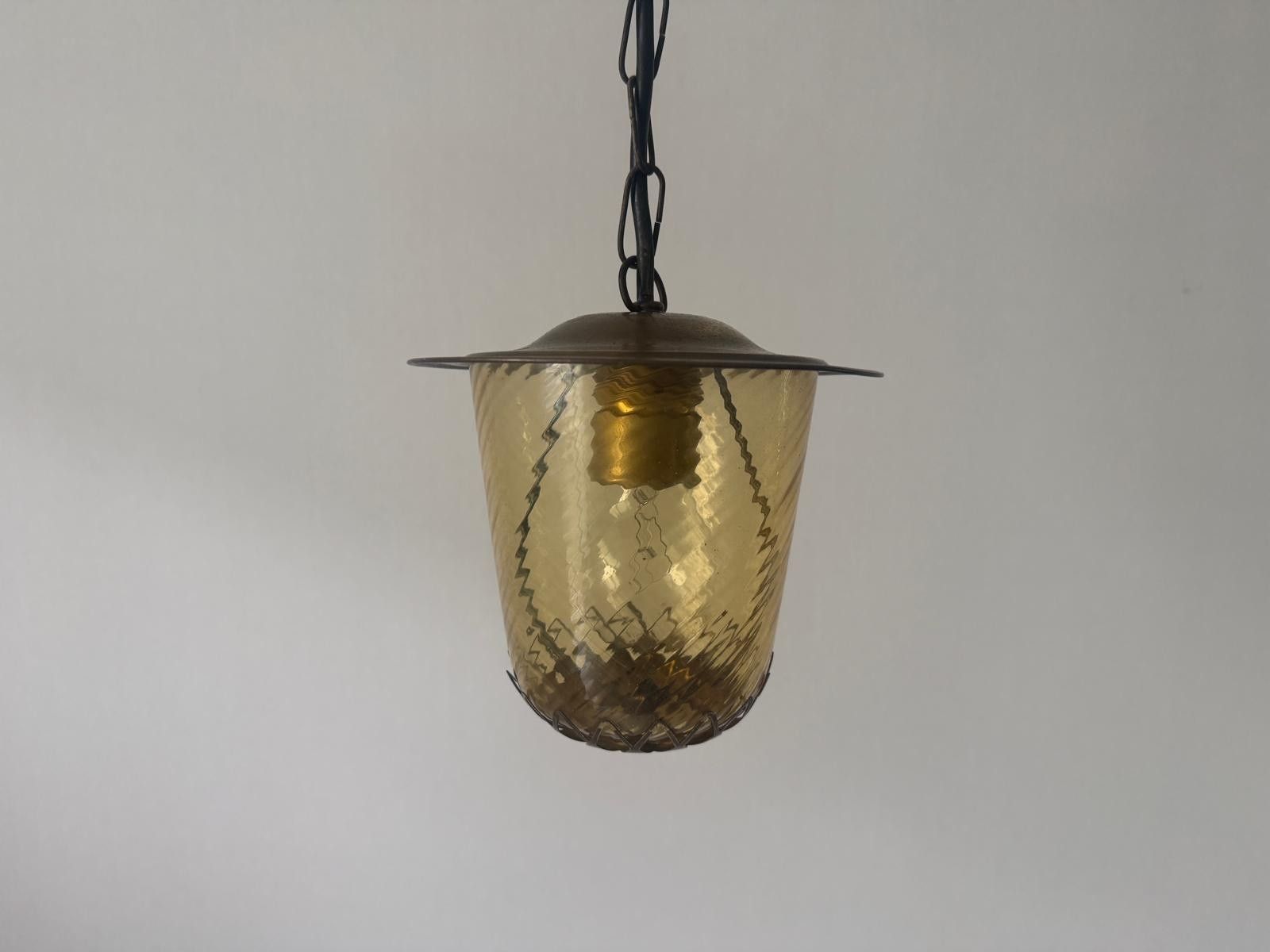 Art Deco Yellow Glass Brass Body Flush Mount Light, 1940s, Germany photo for sale
