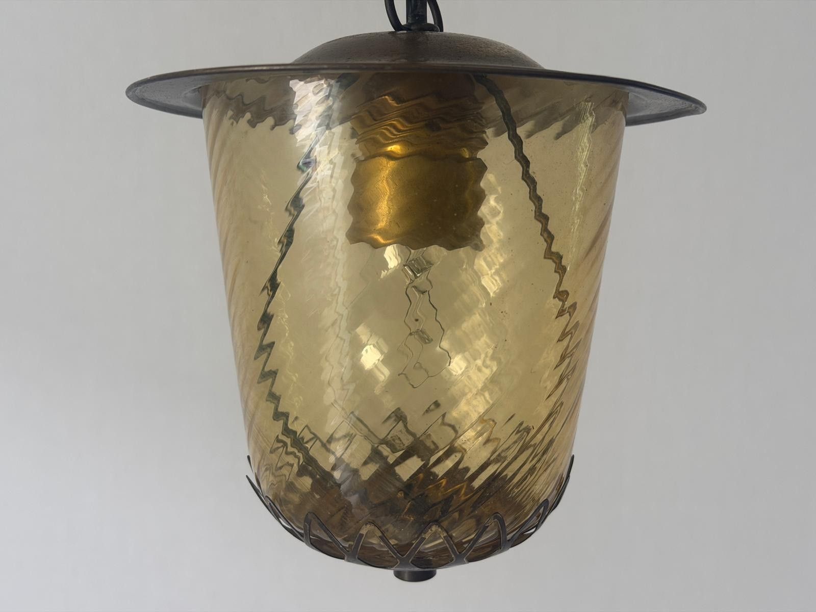Art Deco Yellow Glass Brass Body Flush Mount Light, 1940s, Germany photo 555.0