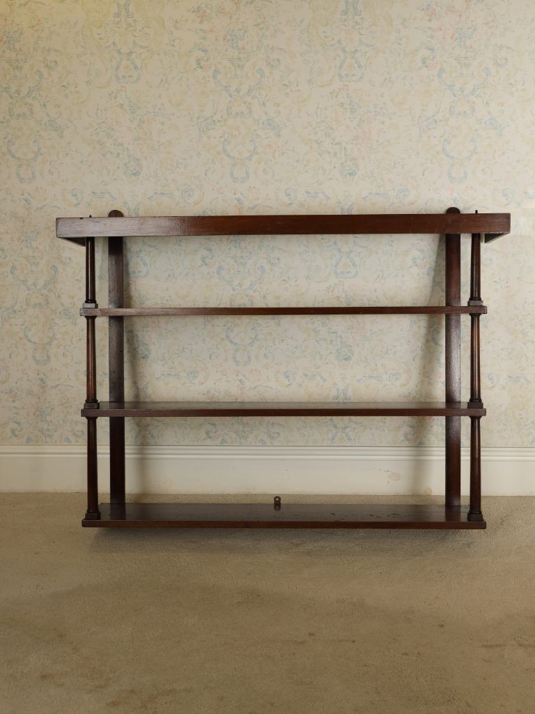 Antique Edwardian Solid Mahogany Three Tier Wall Shelf | Elegant Sheraton Revival Hanging Plate Rack & Bookcase, C.1905 photo for sale