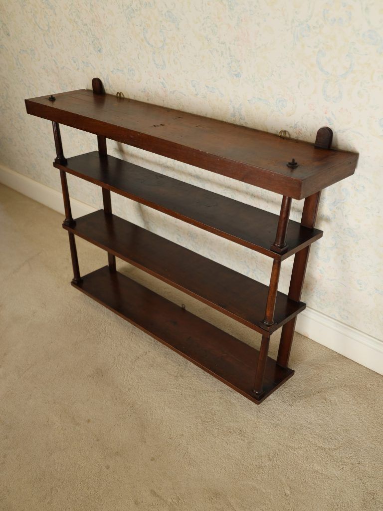 Antique Edwardian Solid Mahogany Three Tier Wall Shelf | Elegant Sheraton Revival Hanging Plate Rack & Bookcase, C.1905 photo Furniture