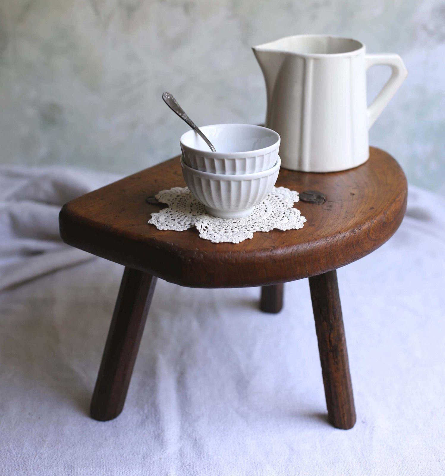 Primitive French Milking Stool Low Rustic Farmhouse Side Table Antique Oak Footstool photo Furniture