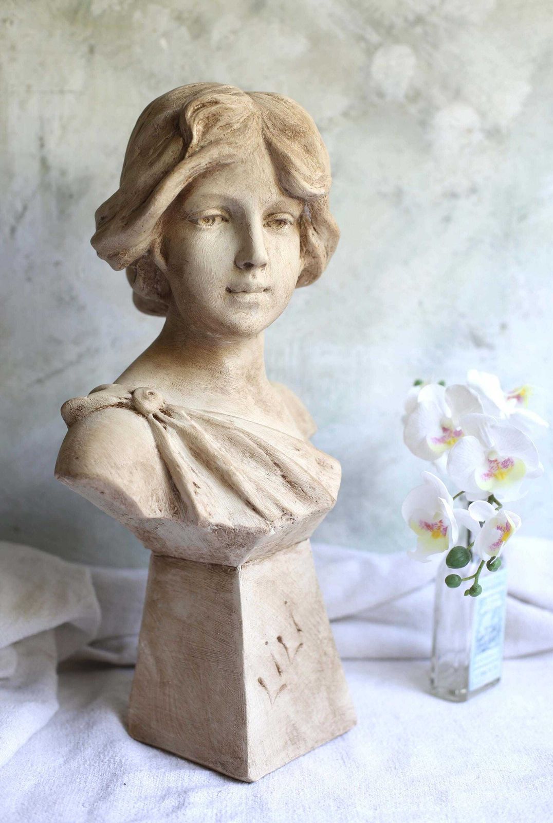 Large Art Nouveau Statue Of A Lady Antique Bust Chalkware Young Woman Figurine C.1900 Lili photo for sale