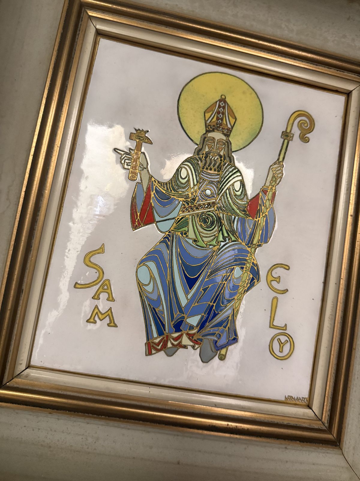 Signed Medieval Revival Enamel Plaque Of Saint Eligius, French, Mid 20th Century photo for sale