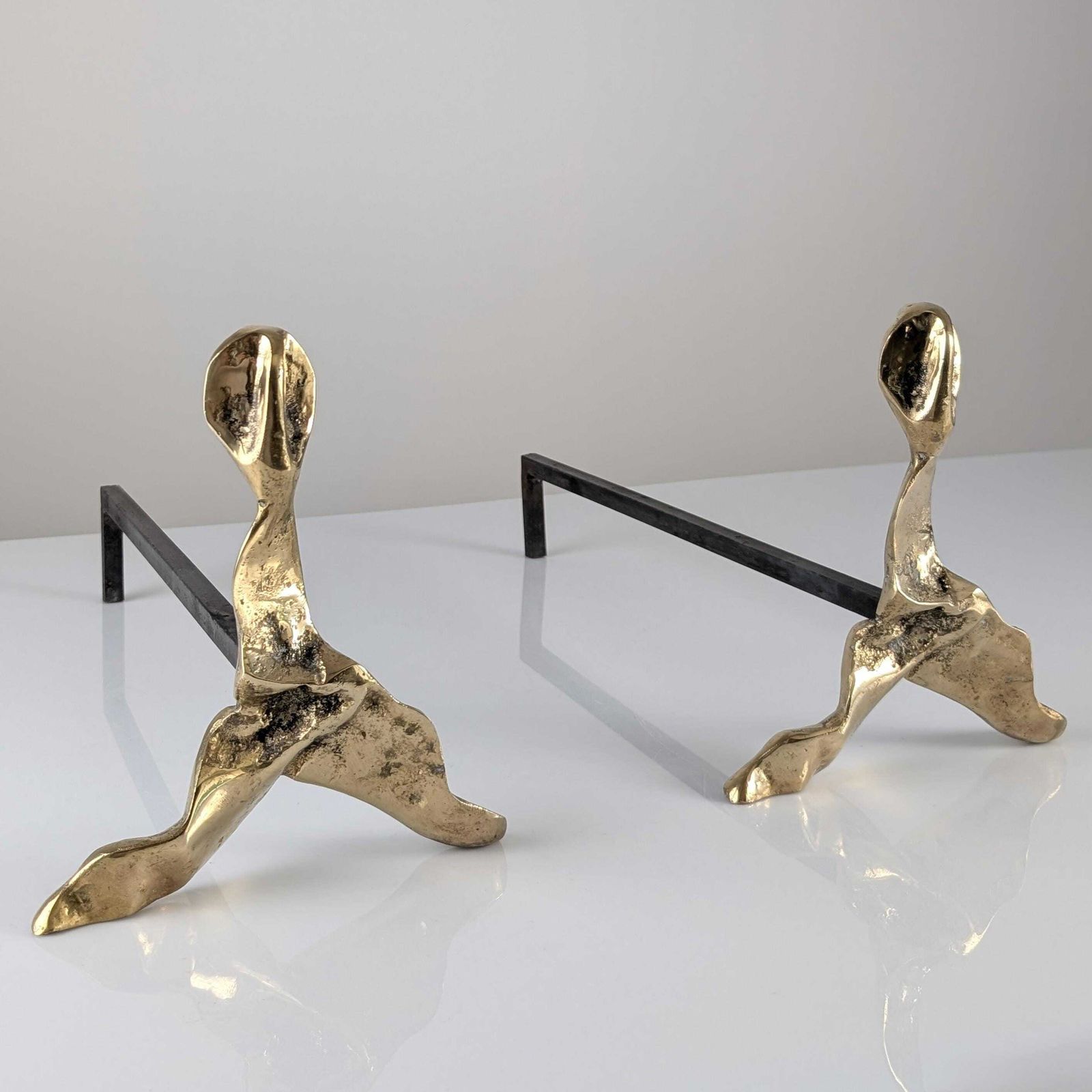 Pair Of Brutalist Sculptural Bronze Fireplace Andirons, 1970s
