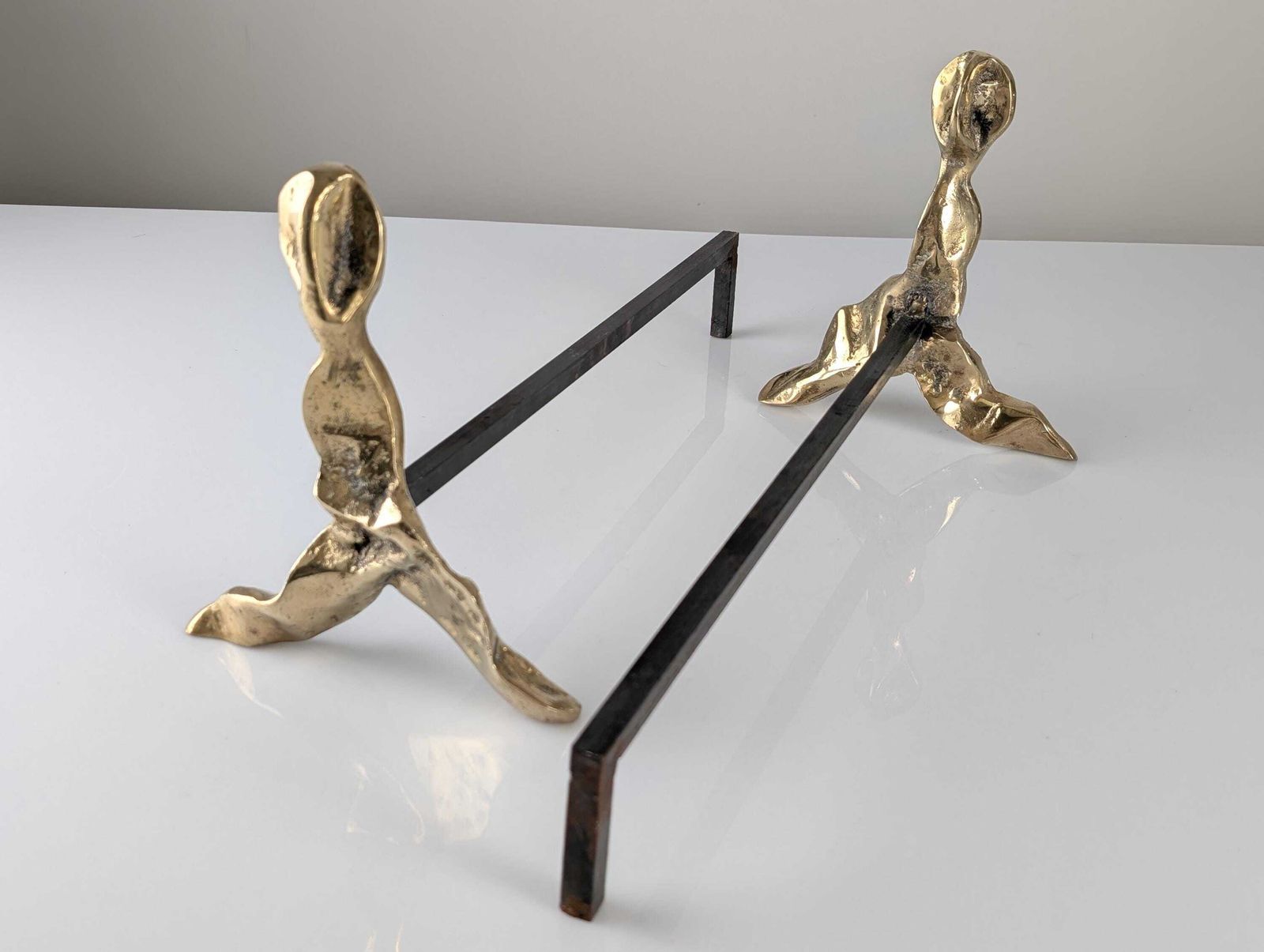 Pair Of Brutalist Sculptural Bronze Fireplace Andirons, 1970s photo furniture