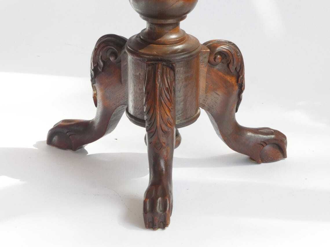 Antique Round Victorian Wooden Side Table Walnut Wine Table With Carved Details Wooden Tripod Pedestal photo furniture