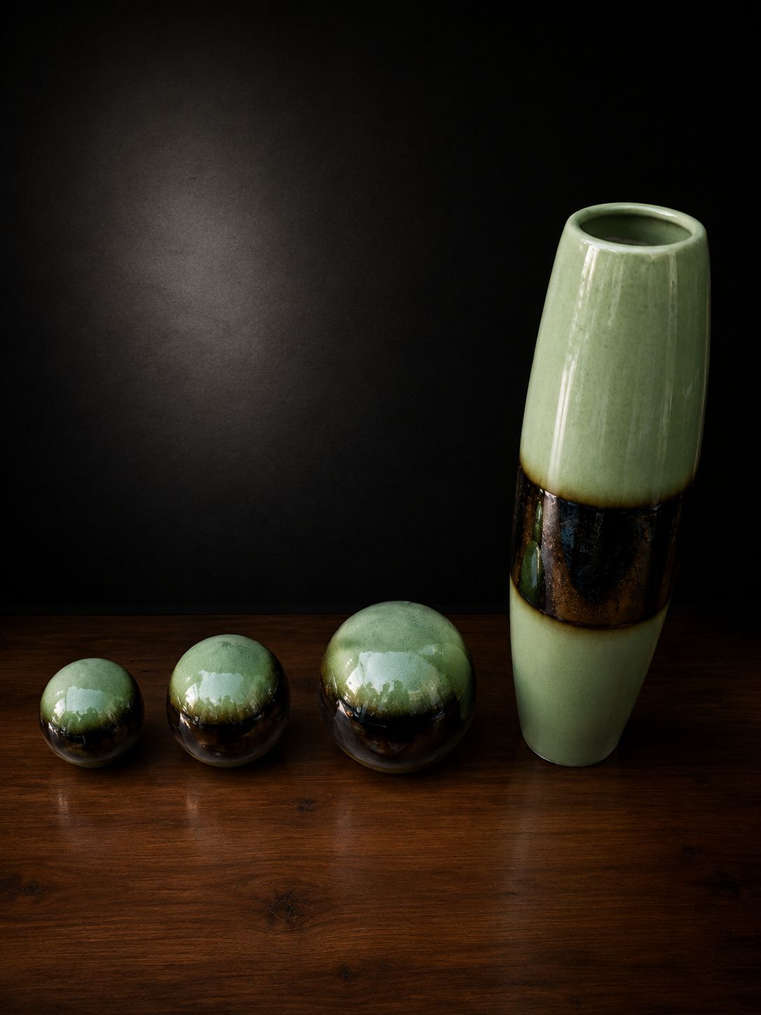 Large Modernist Ceramic Vase & Decorative Ball Set Green Brown Glaze photo for sale