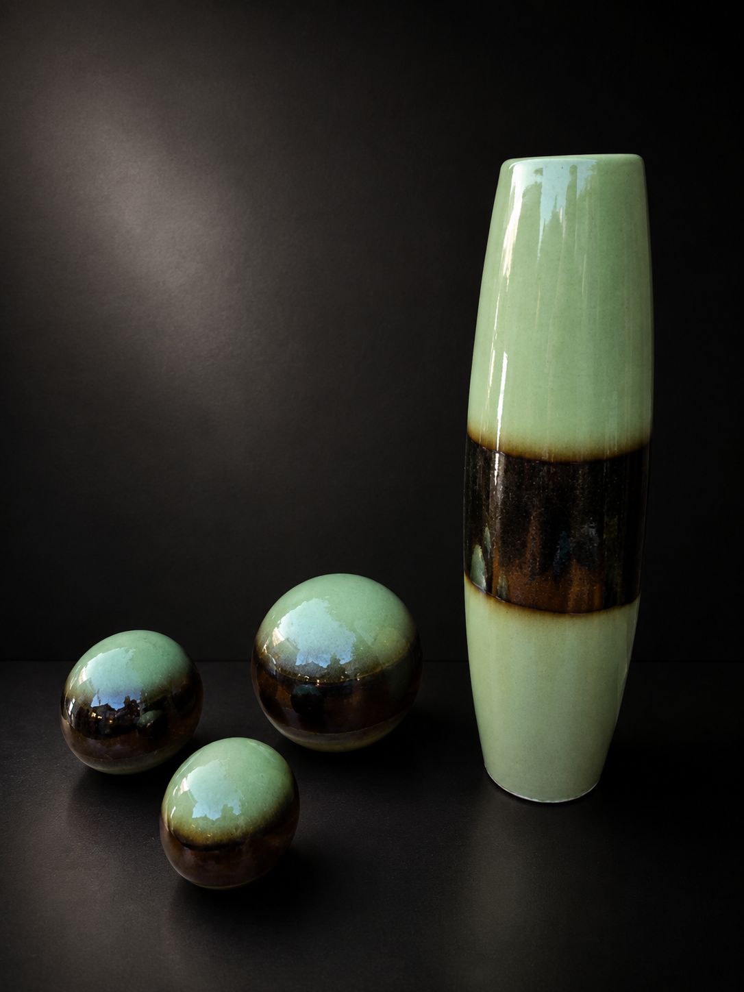 Large Modernist Ceramic Vase & Decorative Ball Set Green Brown Glaze photo 255.0