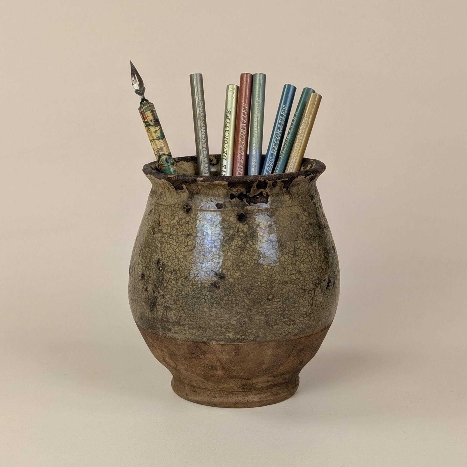 Antique French Confit Pot, Small Glazed Stoneware Crock, Rustic Earthenware Vessel, Crackled Patina Farmhouse Jar, Antique Desk Accessory