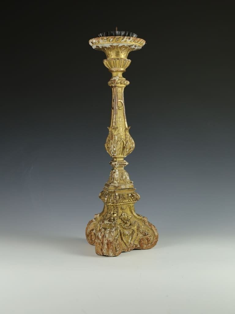 Antique Italian Altar Candlestick – Hand Carved Wood With Gilt And Gesso