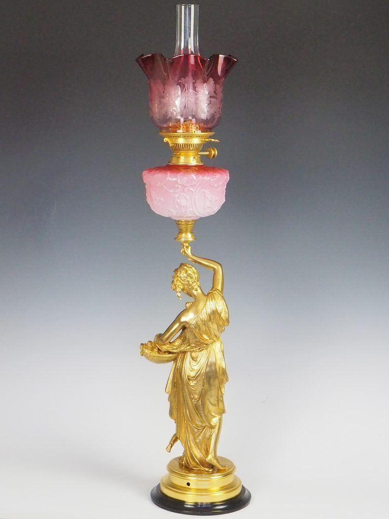 Antique Carrier Beluese Gilt Bronze Lady Oil Lamp Signed photo for sale