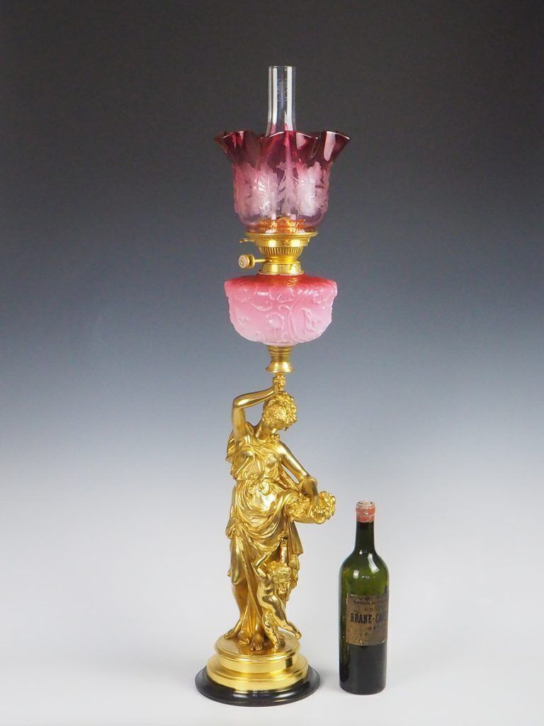 Antique Carrier Beluese Gilt Bronze Lady Oil Lamp Signed photo Lighting