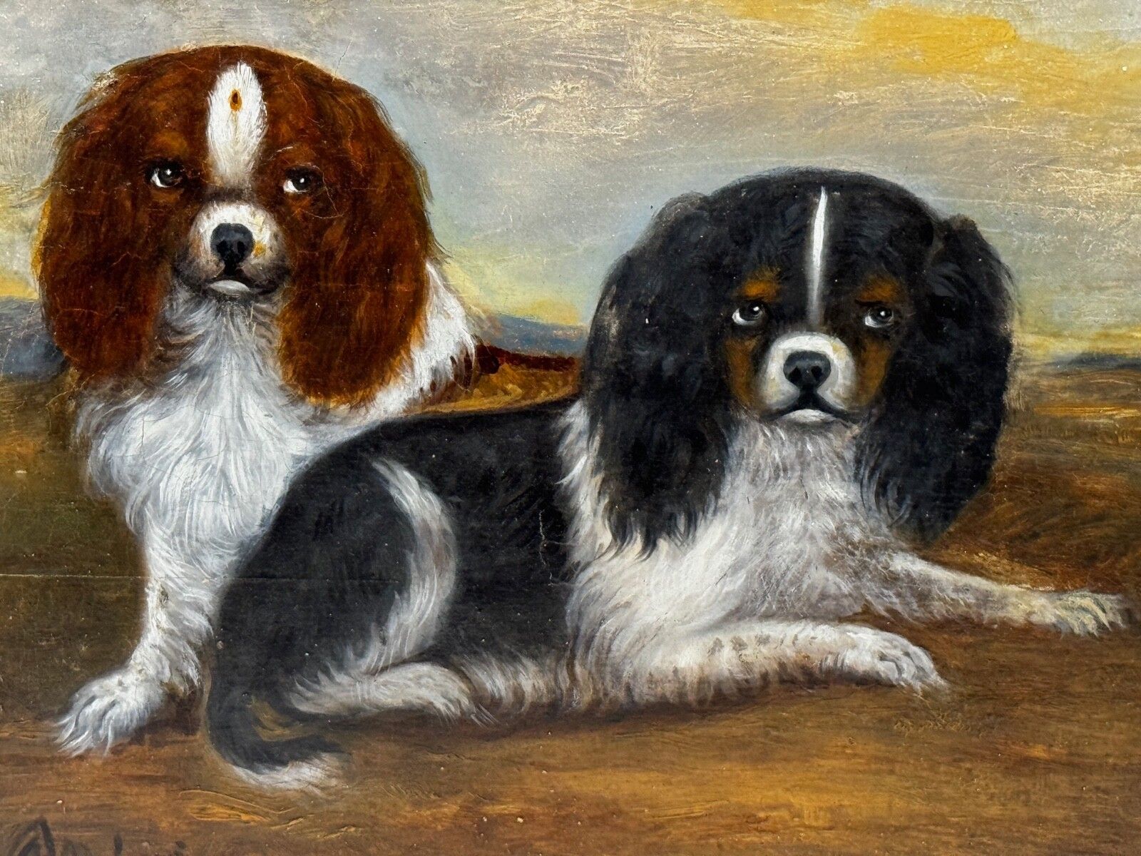 19th Century Oil Painting Animal Portrait Of King Charles Spaniel Dogs photo furniture