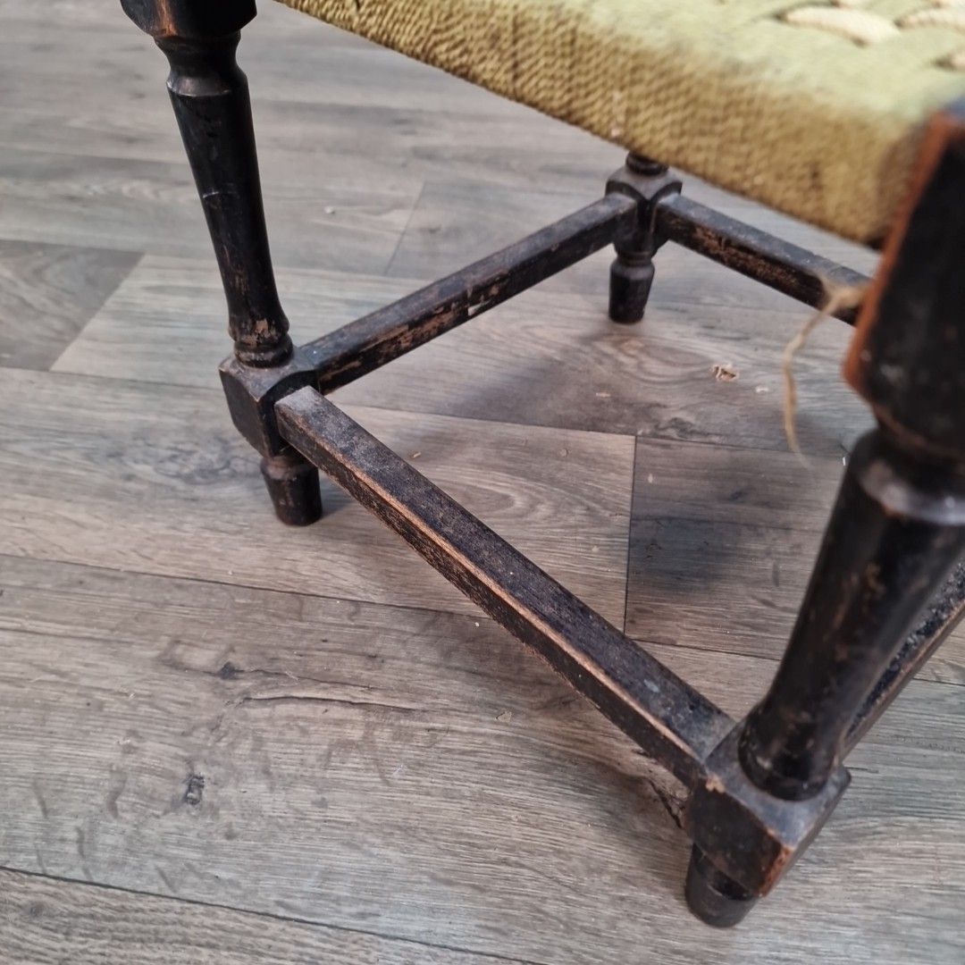 Antique Rope Seat Stool Small Primitive Turned Wooden Rush Weave Vintage photo Furniture