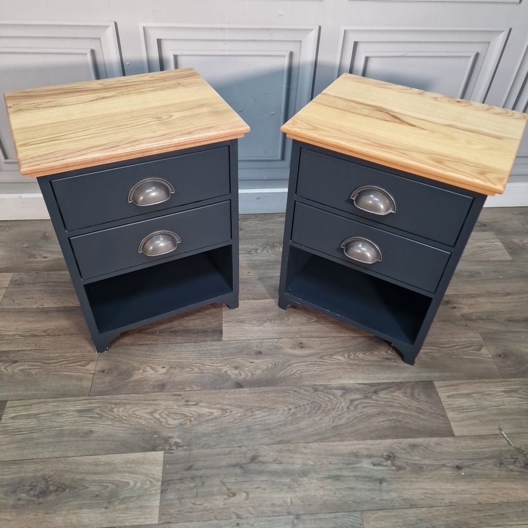 Contemporary Pair Bedside Tables Cabinets Solid Wood Tops Two Drawers Vintage photo furniture