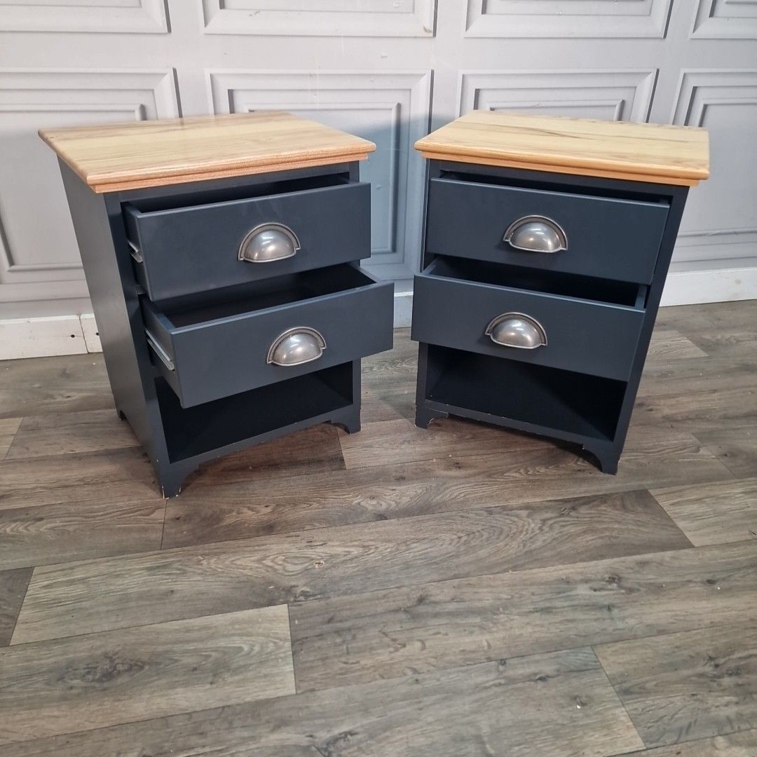 Contemporary Pair Bedside Tables Cabinets Solid Wood Tops Two Drawers Vintage photo vinterior