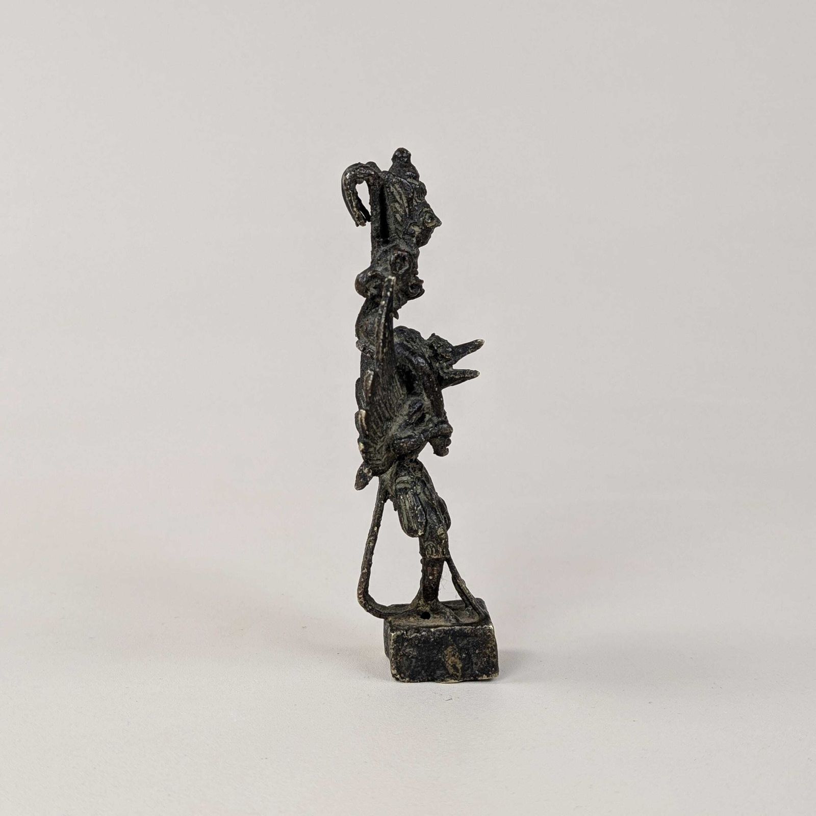 photo for sale Vishnu Garuda Bronze Figurine, Antique Javanese Pole Finial, Sacred Hindu Deity Mount On Hollow Square Base, Dark Patina Asian Altar Decor