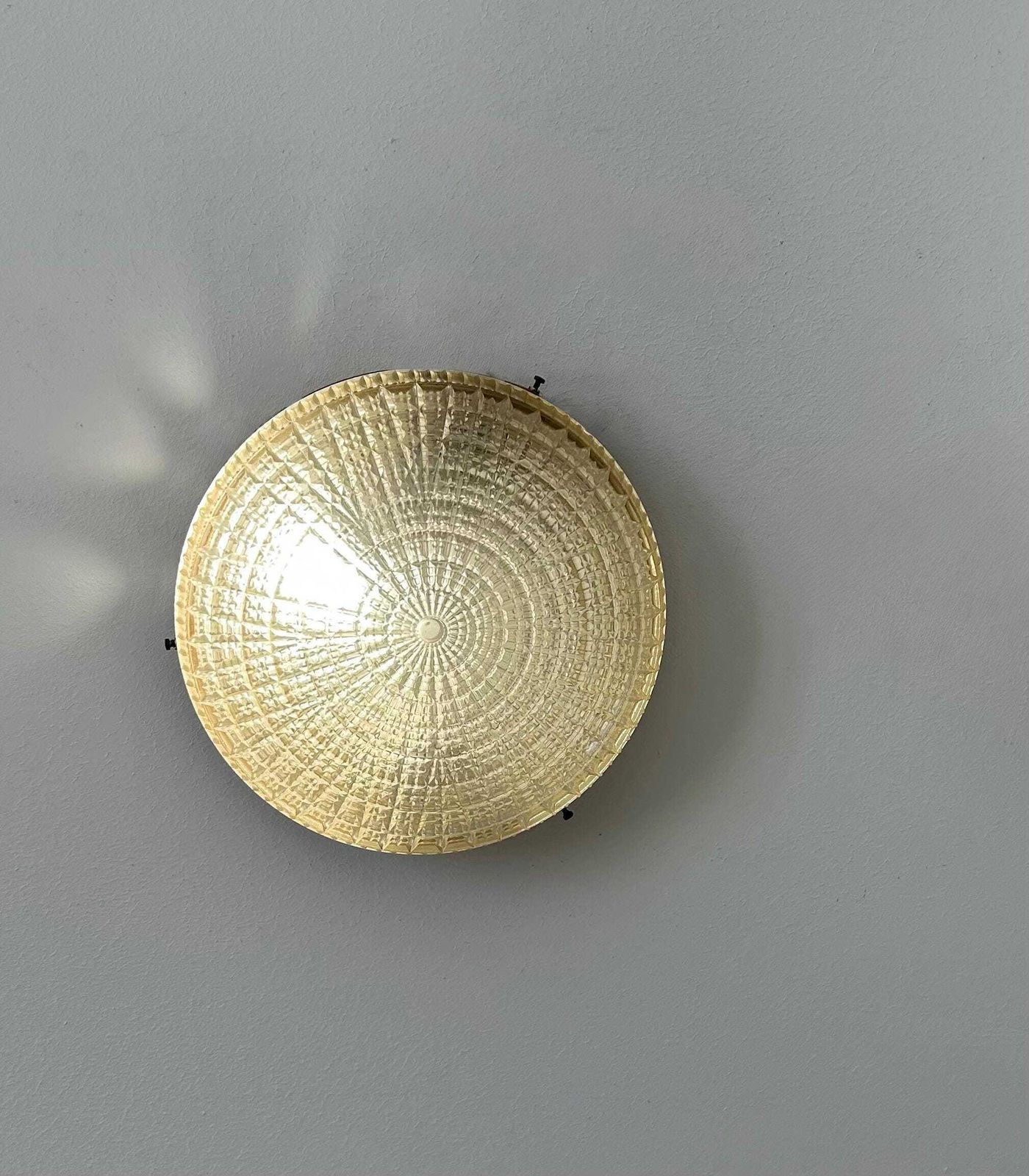 Pair Of Vintage Wall Sconces In Gilt Metal And Pressed Molded Glass, France 1970 photo for sale