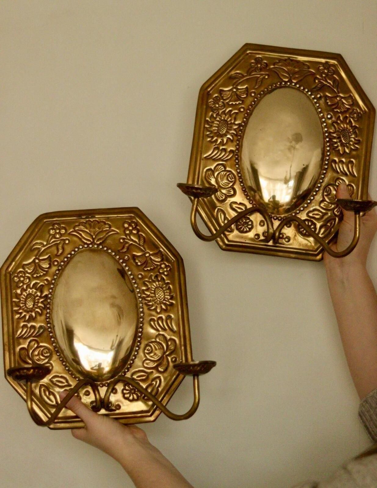 Pair Of Mid Century Swedish Brass Octagonal Double Arm Sconces