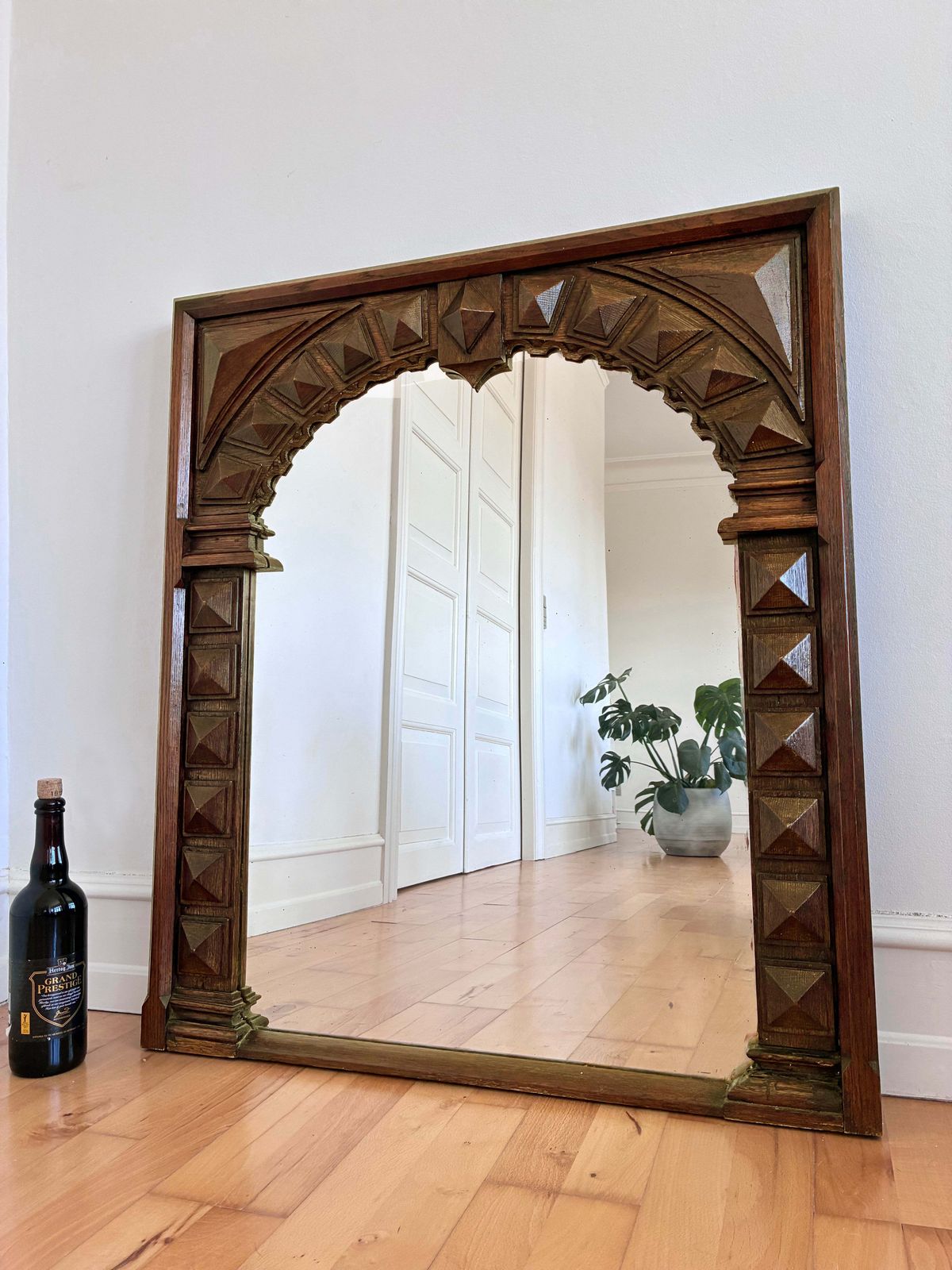Antique Spanish Revival Oak Wall Mirror With Geometric Carving photo 1193.0