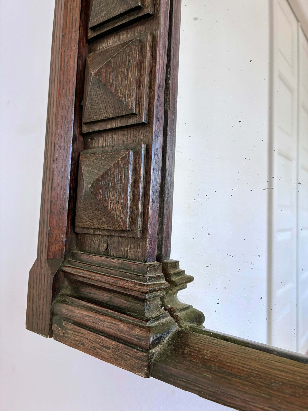 Antique Spanish Revival Oak Wall Mirror With Geometric Carving photo vintage