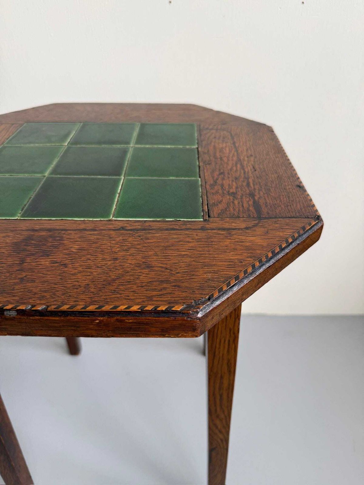 Antique Side Table With Green Tiled Top, Chevron Inlays And Tapered Legs photo Furniture