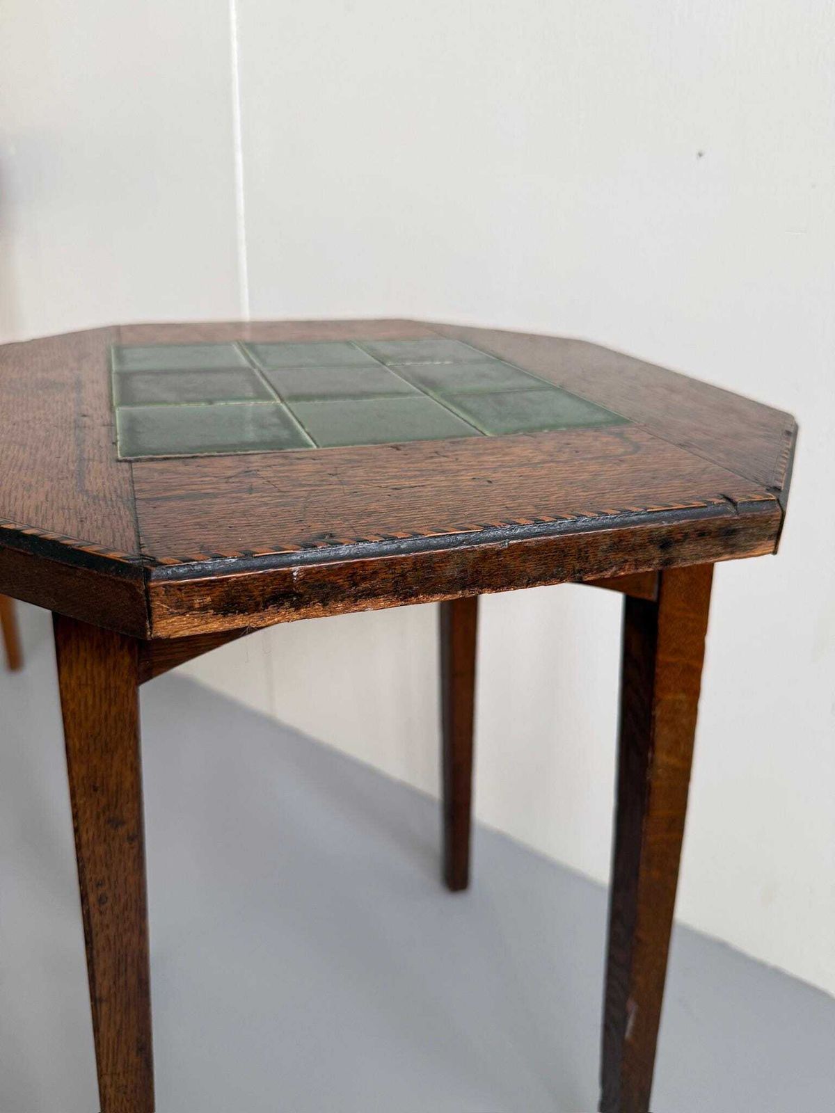 Antique Side Table With Green Tiled Top, Chevron Inlays And Tapered Legs photo buy