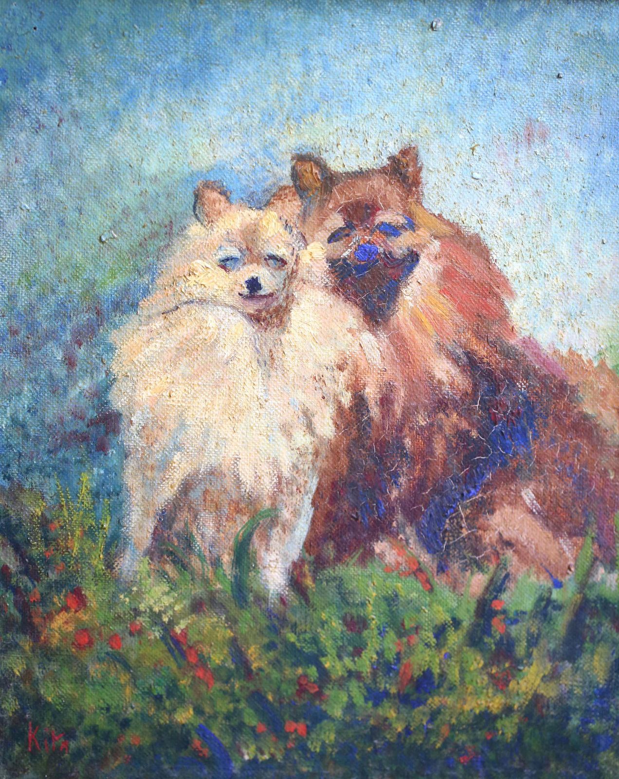 Original Pomeranian Oil Painting Framed Dogs Wall Art Signed Kita photo for sale
