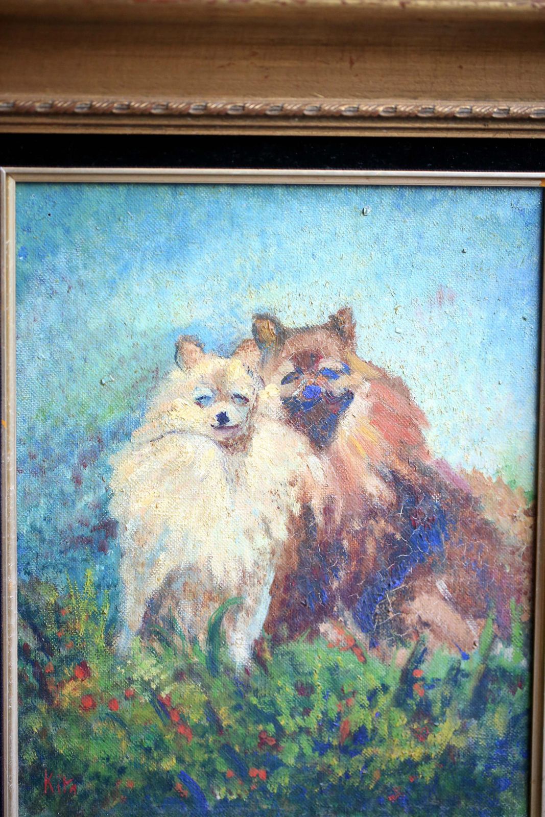 Original Pomeranian Oil Painting Framed Dogs Wall Art Signed Kita photo vintage
