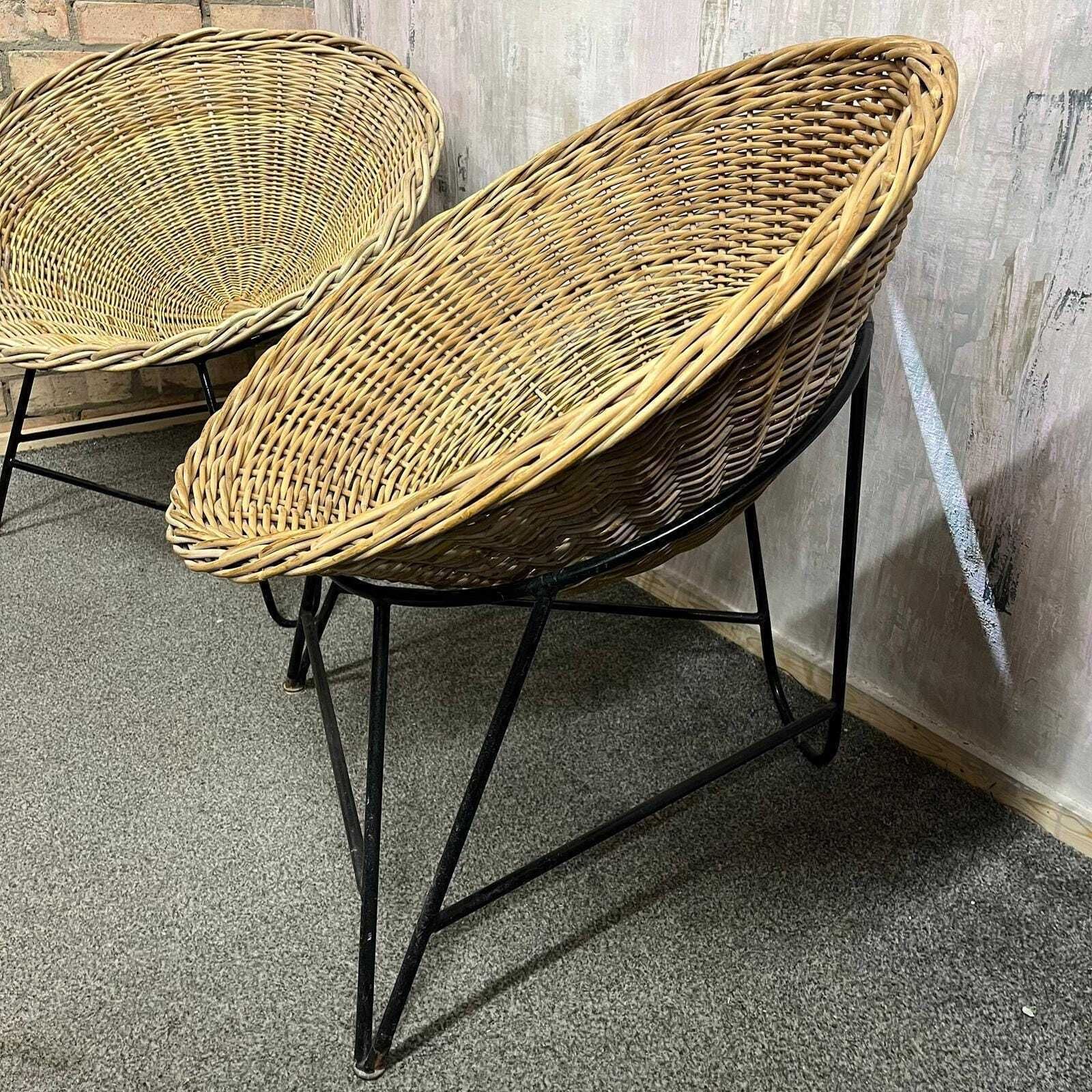 Near Pair Mcm Bamboo Tub Chairs Black Metalwork Frames Style Of Roberto Mango photo 369.0