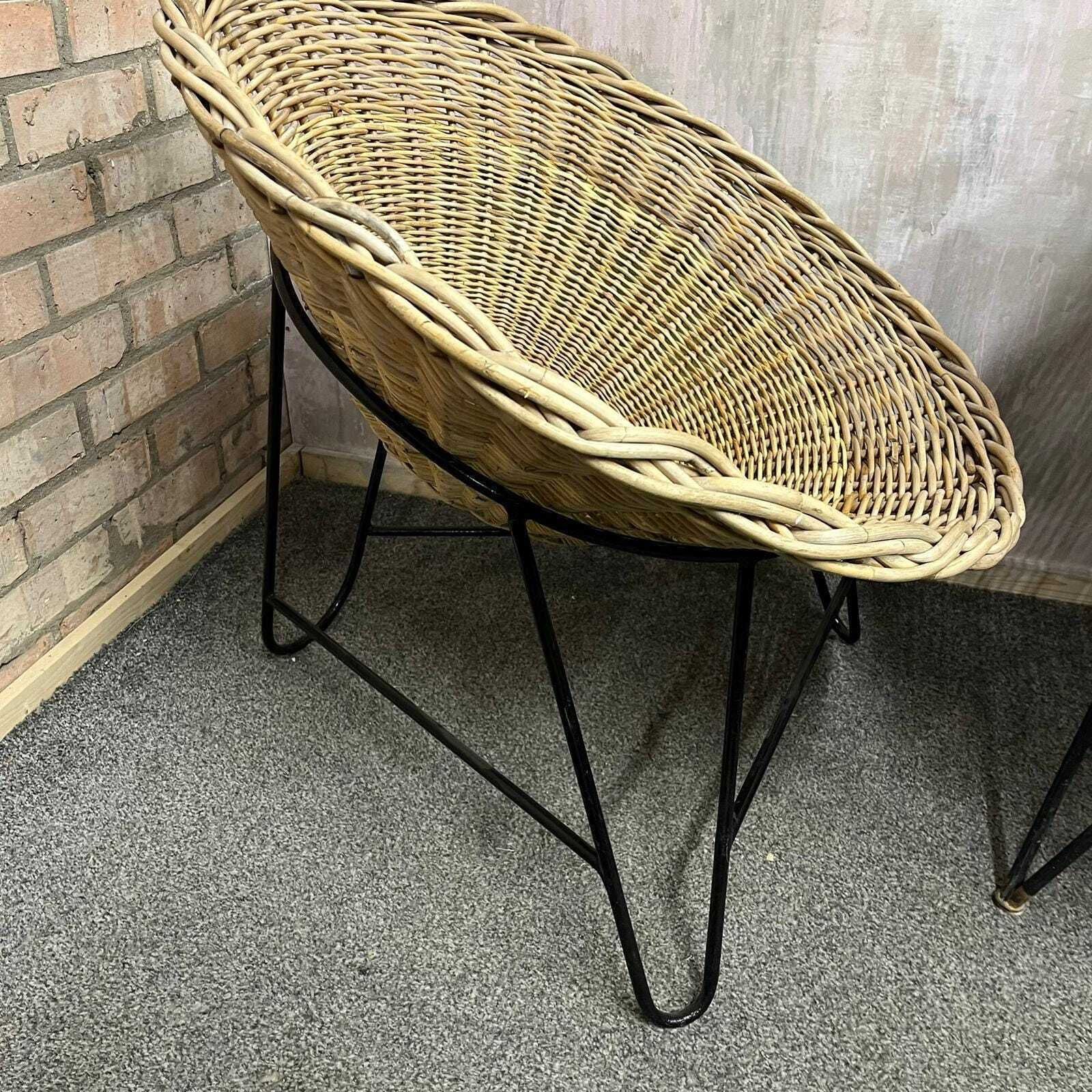 Near Pair Mcm Bamboo Tub Chairs Black Metalwork Frames Style Of Roberto Mango photo vinterior