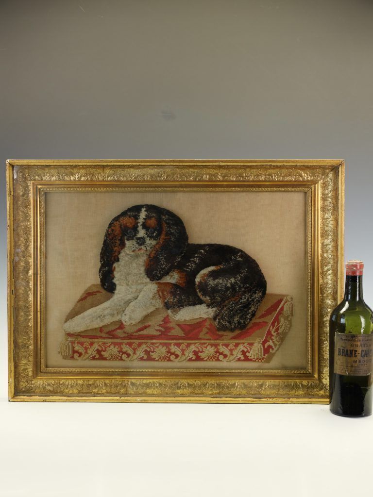 Large Framed 19th Century Folk Art Woolwork Of A King Charles Spaniel On A Cushion photo for sale