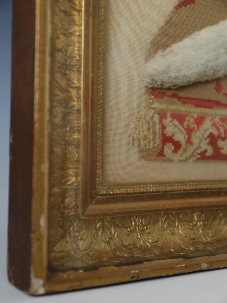 Art Large Framed 19th Century Folk Art Woolwork Of A King Charles Spaniel On A Cushion photo