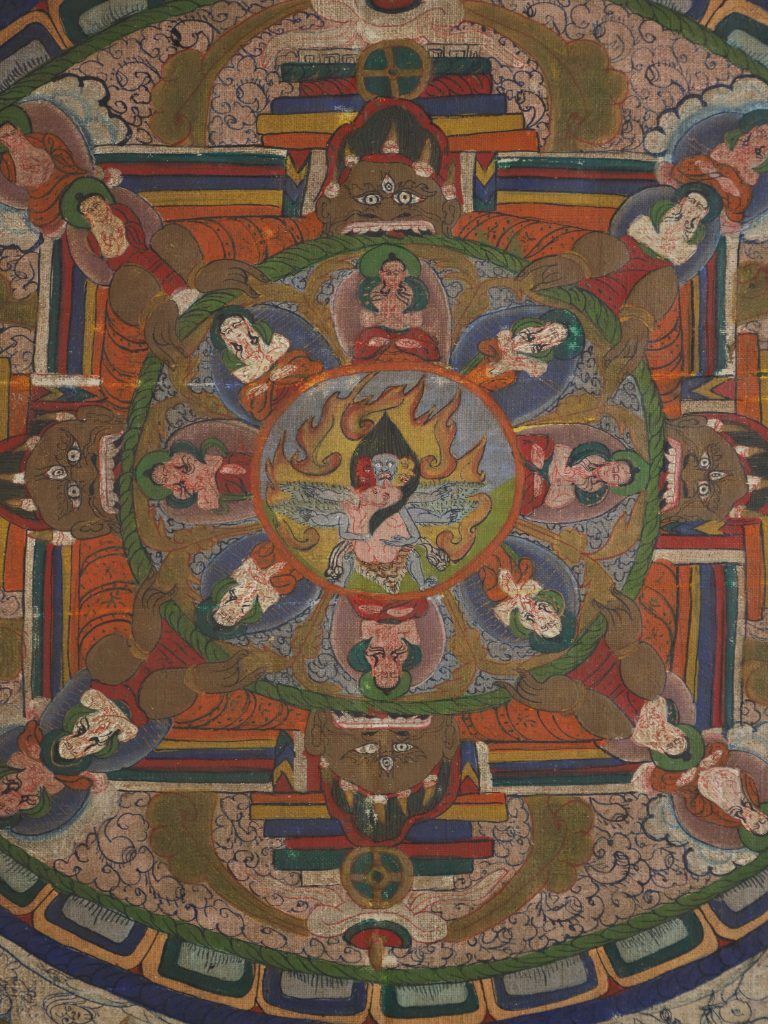 Large Antique Tibetan Buddhist Mandala Thangka Painting On Canvas, Framed photo Art