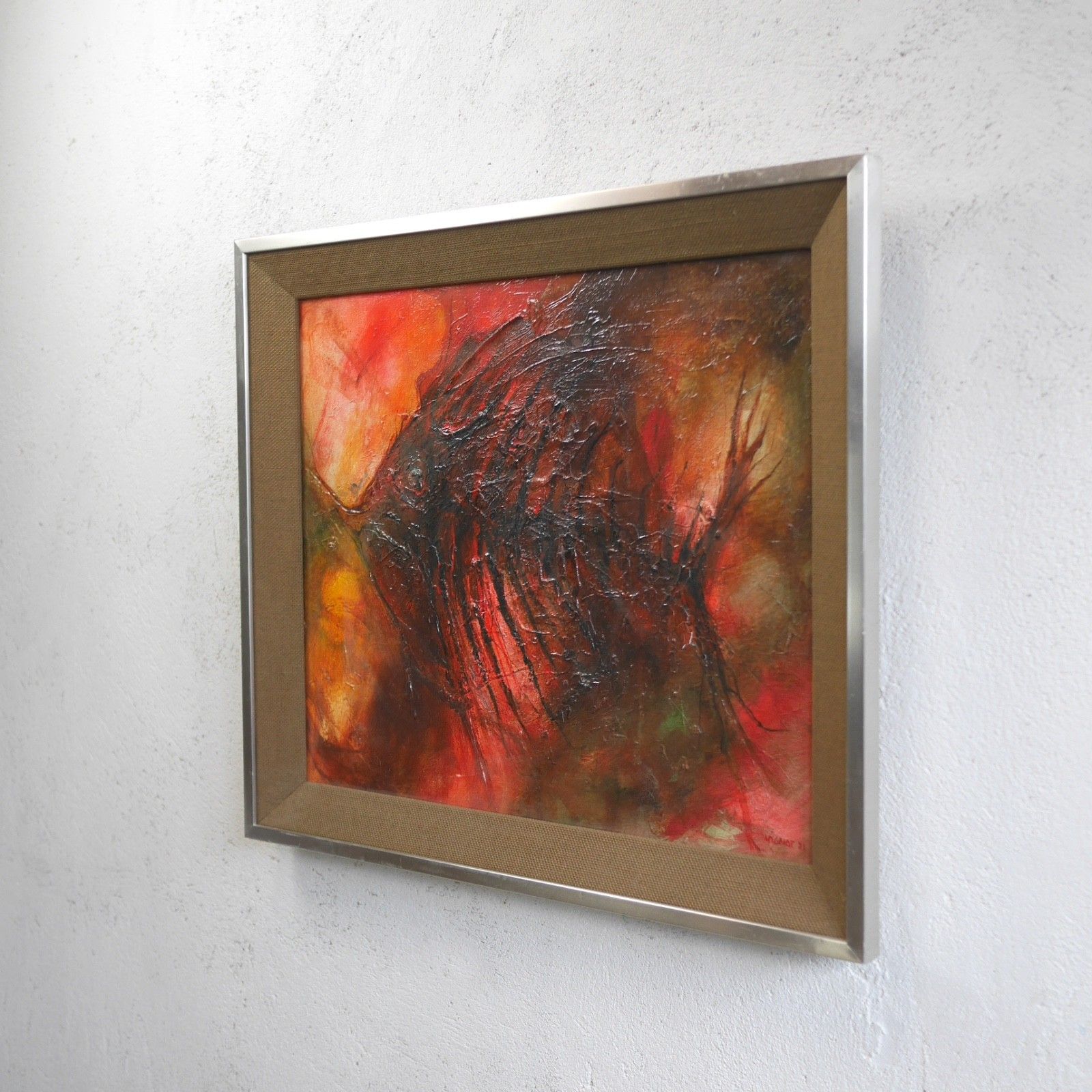 Vintage Mid Century Abstract Fish Reds Oil Painting Art Framed Hessian #103198 photo Art