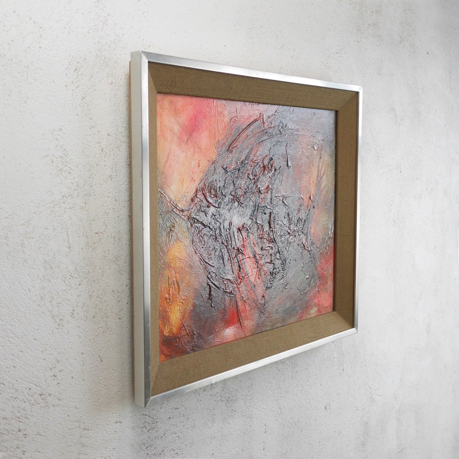 Vintage Mid Century Abstract Fish Reds Oil Painting Art Framed Hessian #103198 photo 225.0