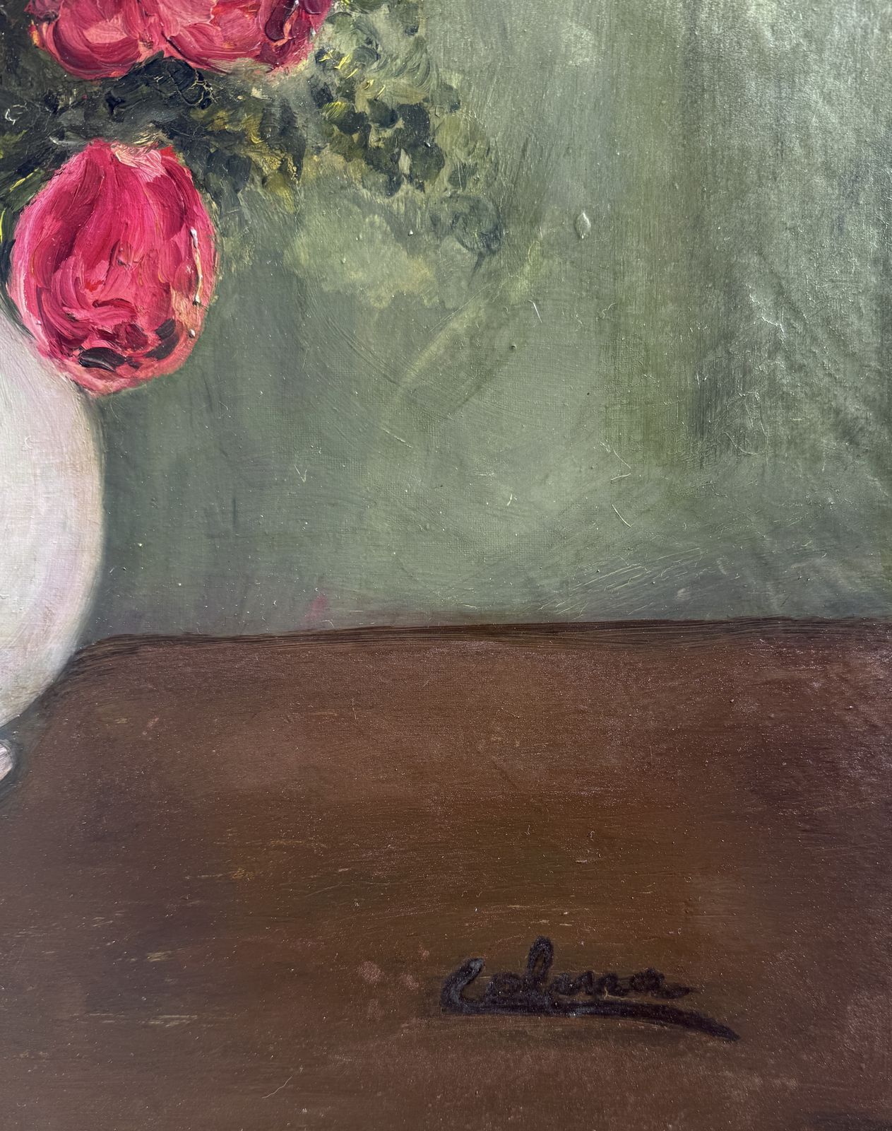 Ramón Calsina Baró – Expressief Roze Bloemenstilleven, Catalaans Modernistisch Olieverfschilderij, Jaren 1940 photo furniture