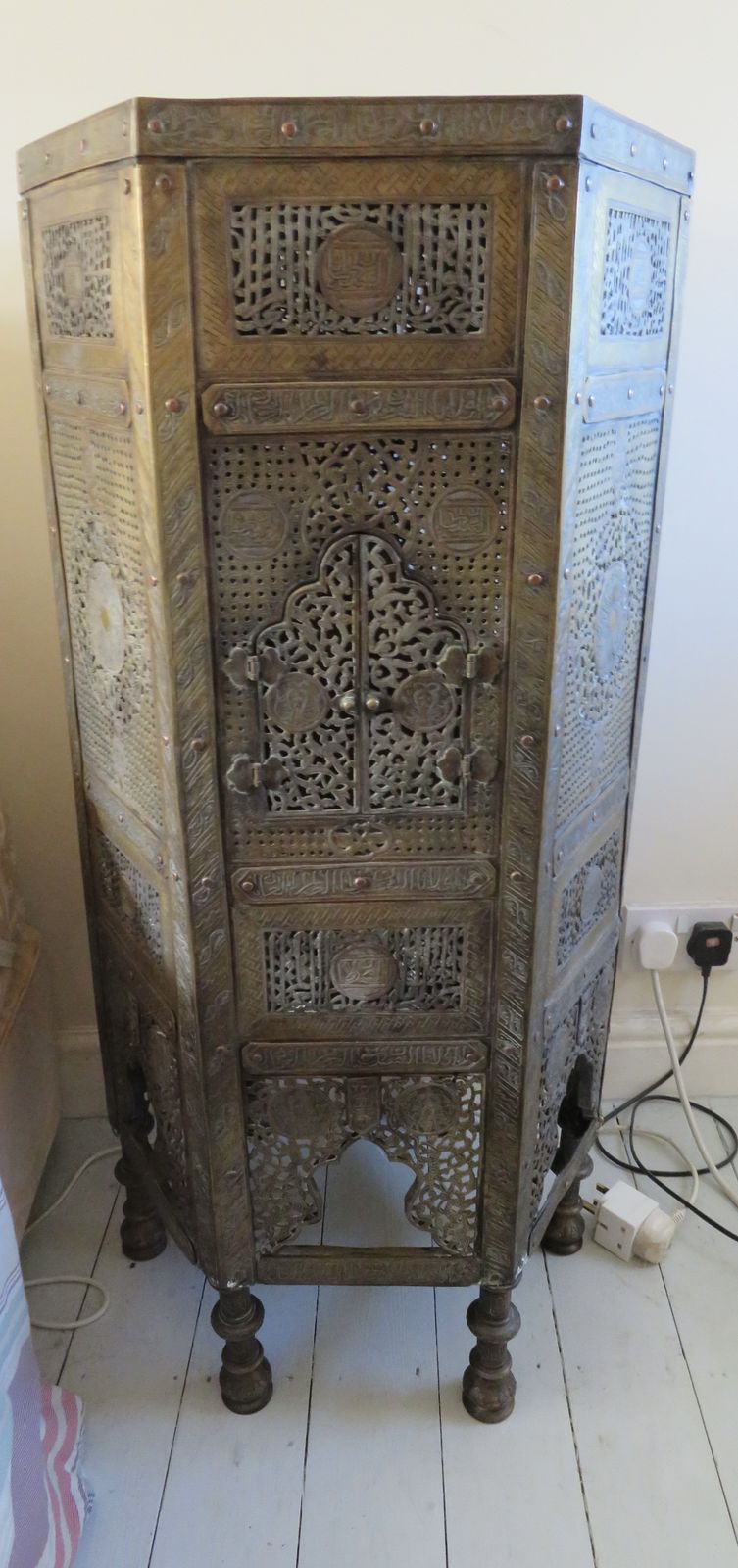 Openwork White Metal And Copper Inlaid Brass Hexagonal Occasional Table Kursi (Cairoware)