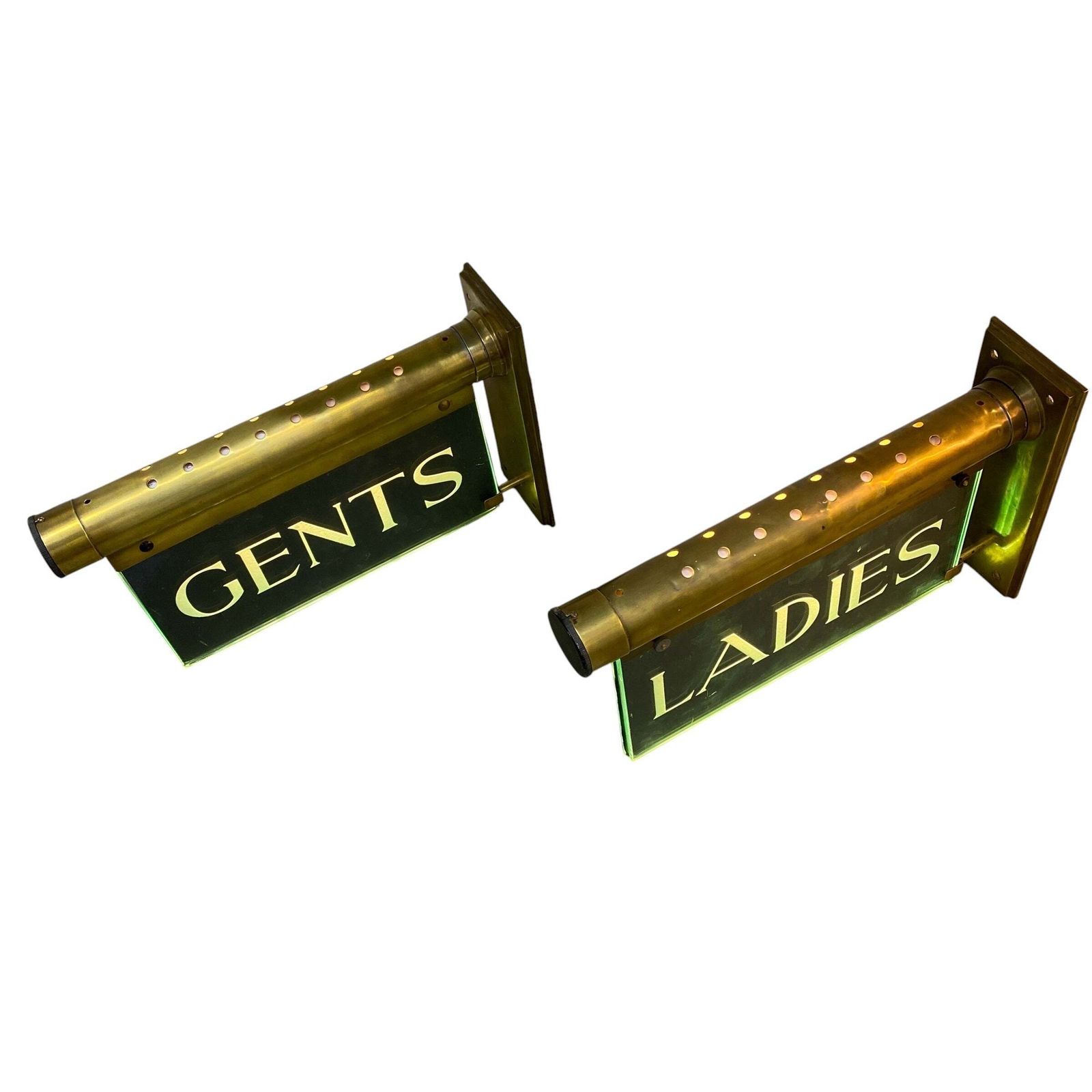 photo vintage Antique "Internalite" Illuminated Brass Glass 'Ladies' & 'Gents' Wall Sign 1930s Pair