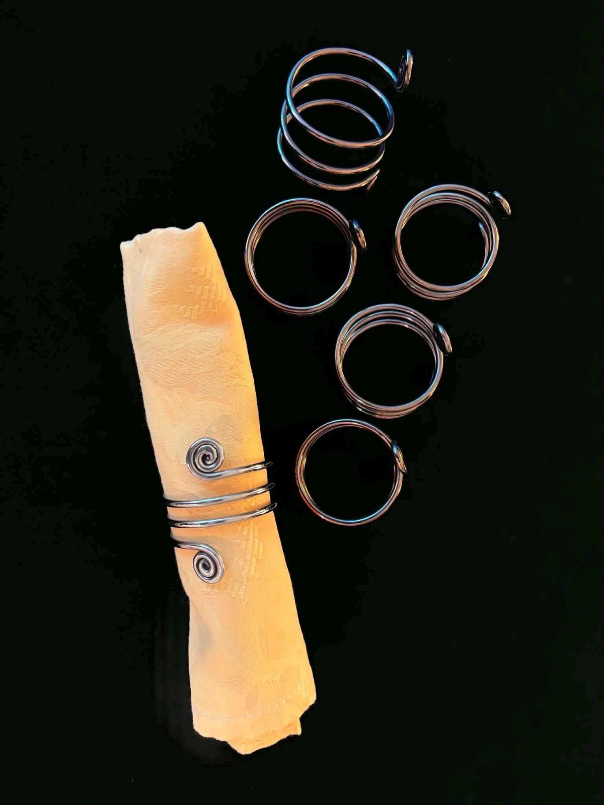 photo for sale Set Of 6 Twisted Metal Napkin Rings, Forged French Table Decor, Spiral Metal Napkin Holders, Rustic Brutalist Modern Table Setting