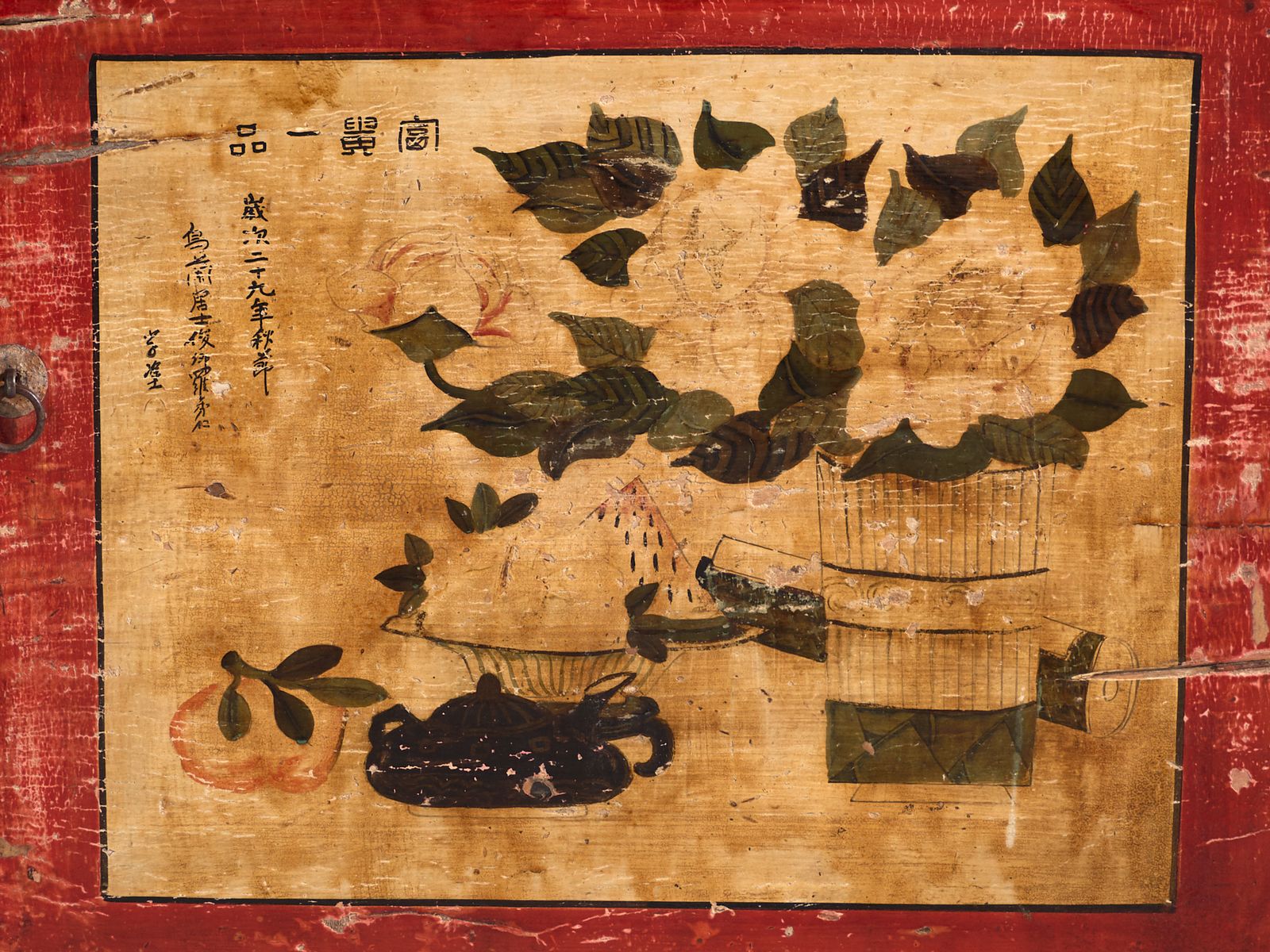 Antique Lacquered Sideboard With Painted Lotus Motifs – China, Circa 1920 photo vinterior
