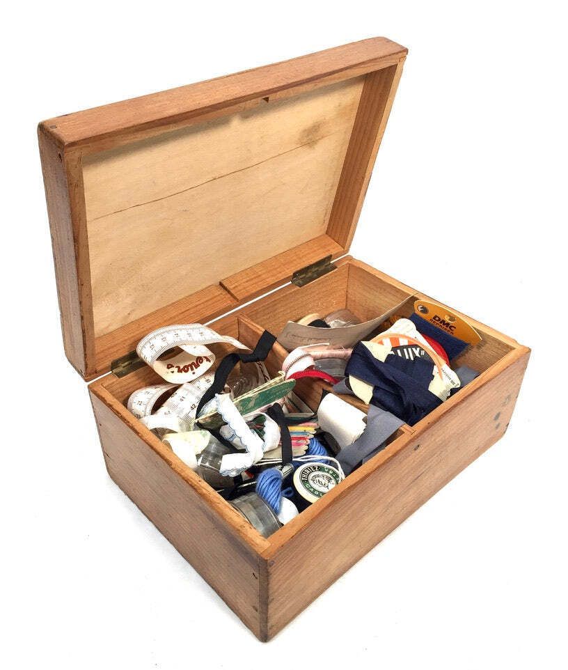 Antique Wood Storage Box With Haberdashery Sewing Collectable Items 20th Century photo 70.0